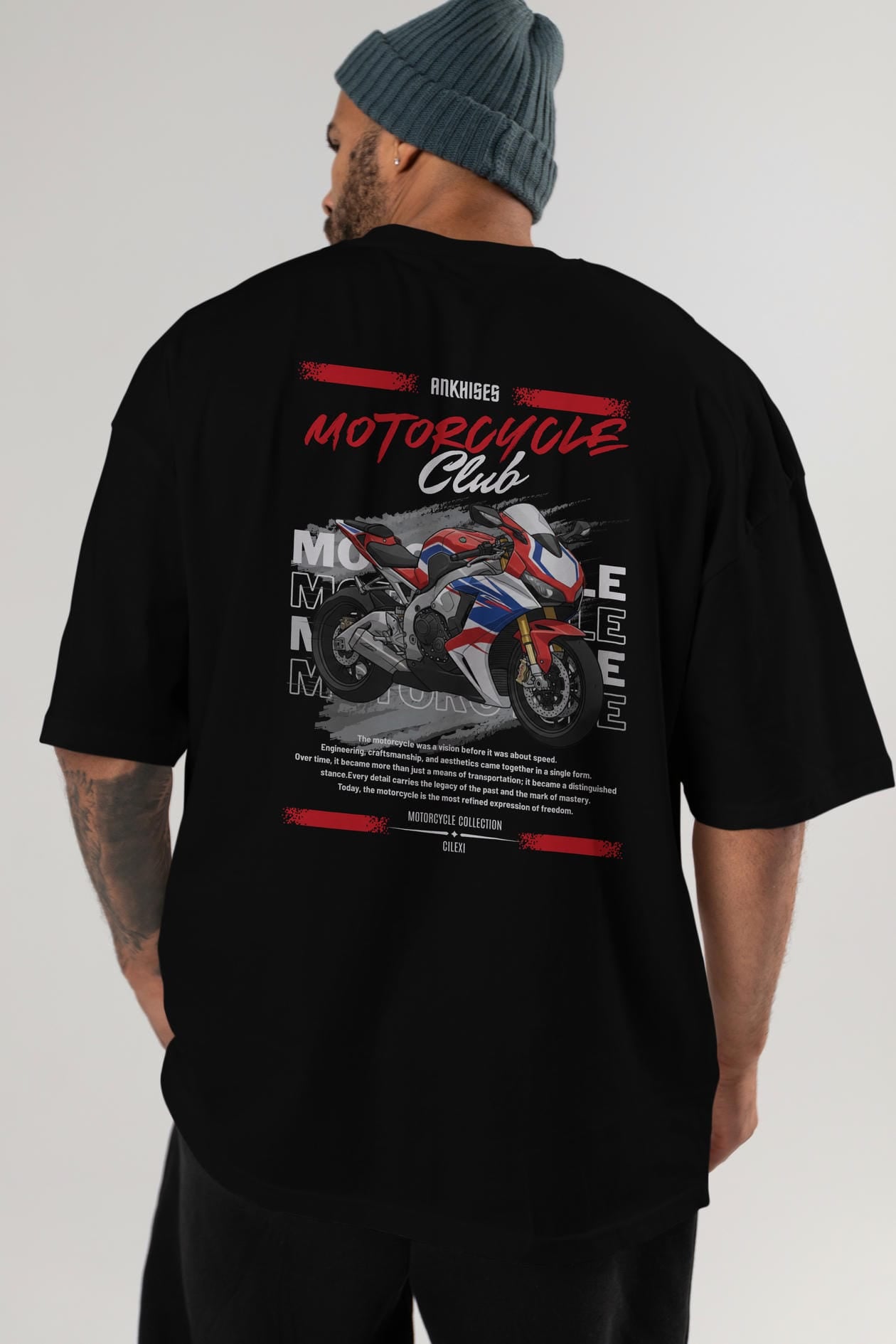 Motosiklet Serisi 4 Arka Baskılı Oversize t-shirt Erkek Kadın %100 Pamuk Bisiklet Yaka tişort
