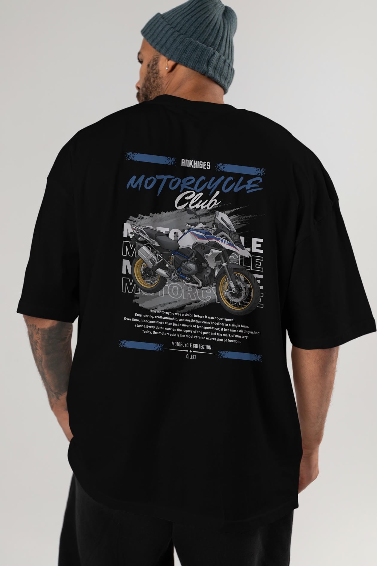 Motosiklet Serisi 27 Arka Baskılı Oversize t-shirt Erkek Kadın %100 Pamuk Bisiklet Yaka tişort