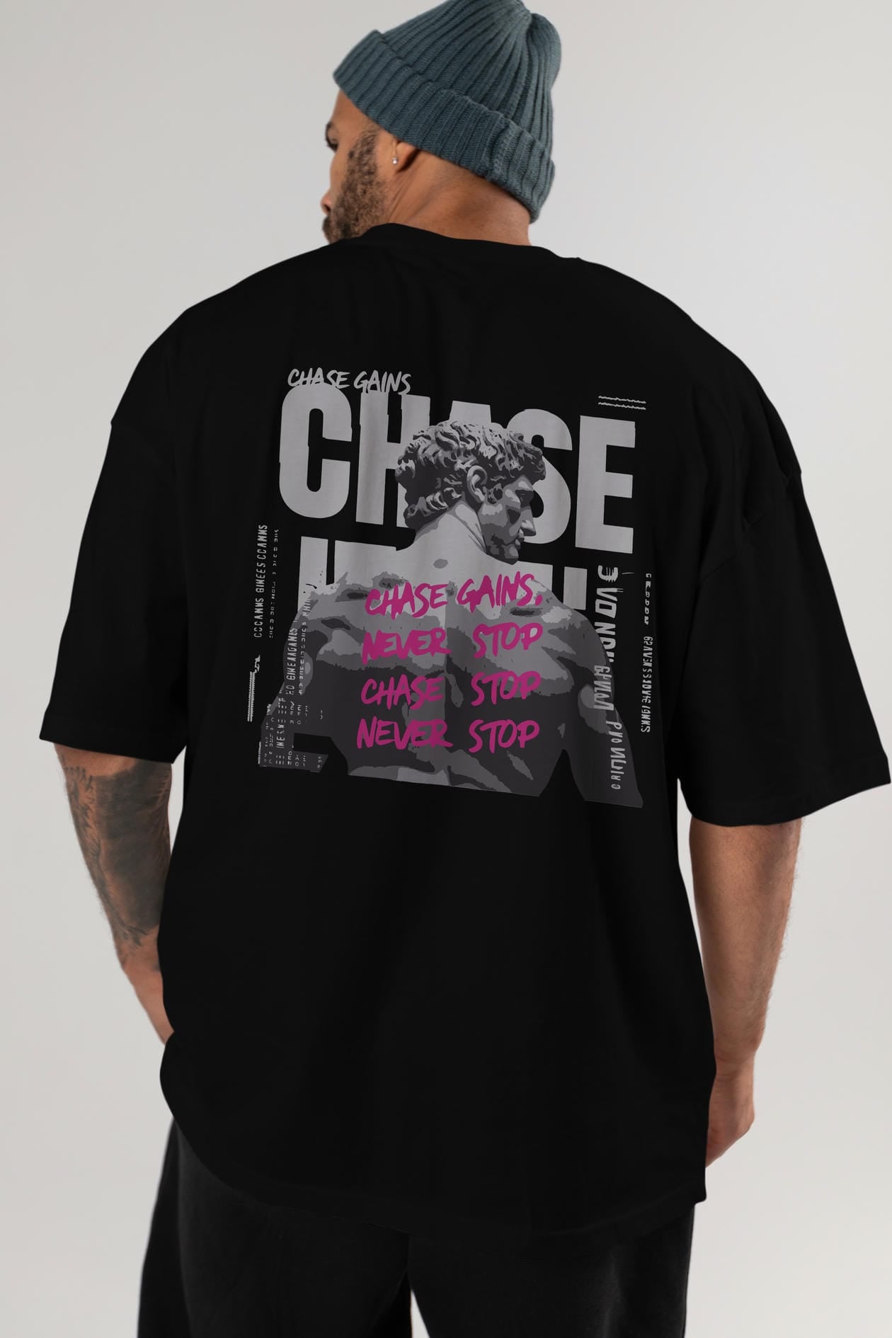 Chase Gains Arka Baskılı Oversize t-shirt Erkek Kadın %100 Pamuk Bisiklet Yaka tişort