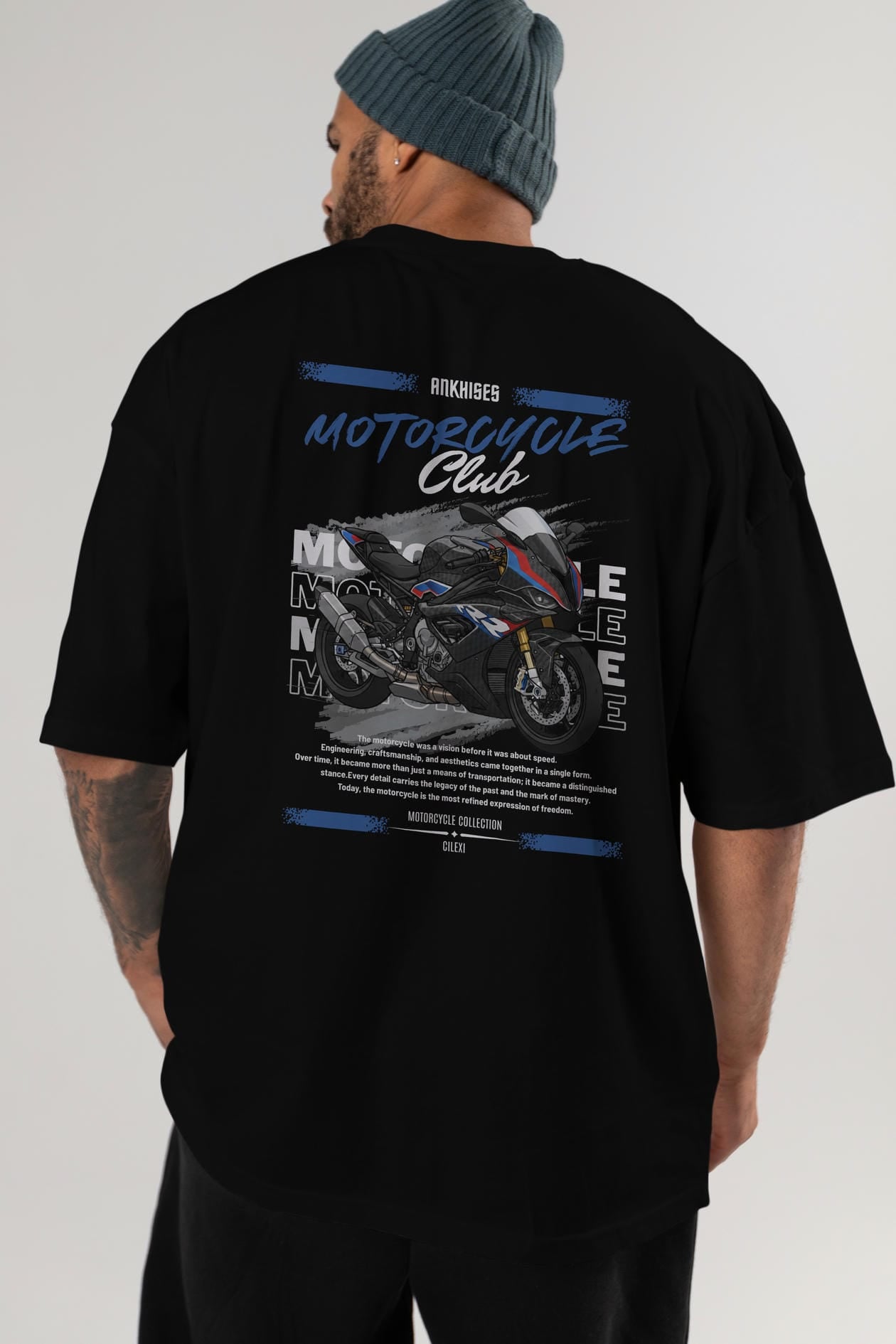 Motosiklet Serisi 2 Arka Baskılı Oversize t-shirt Erkek Kadın %100 Pamuk Bisiklet Yaka tişort