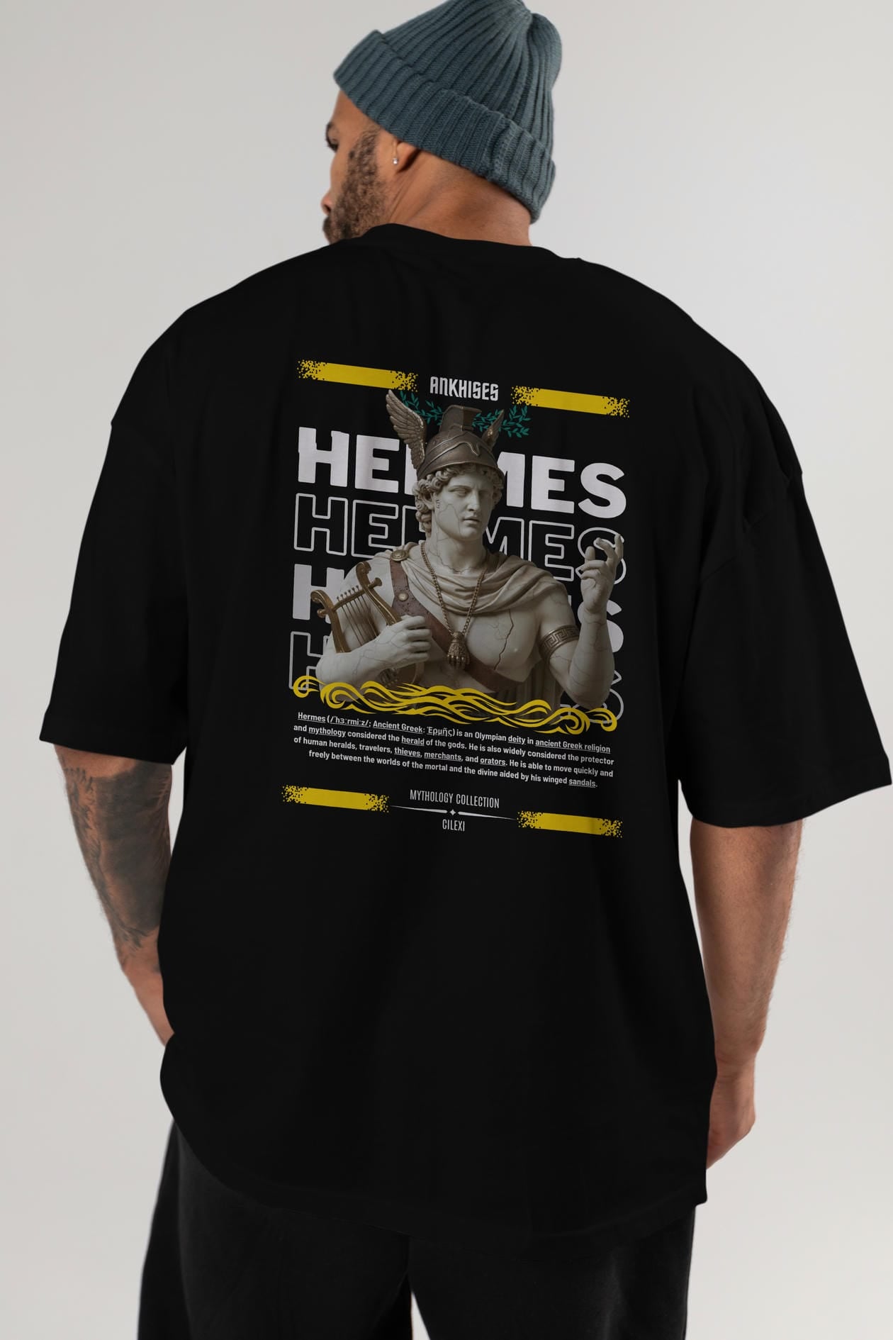 Hermes 2 Arka Baskılı Oversize t-shirt Erkek Kadın %100 Pamuk Bisiklet Yaka tişort