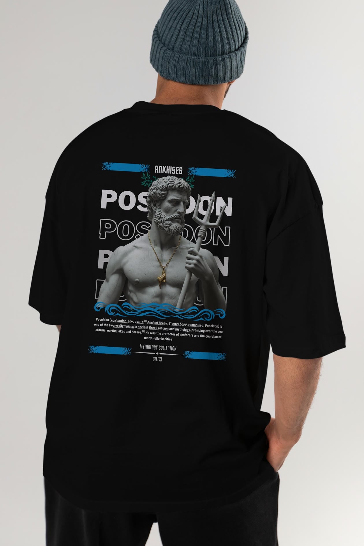 Poseidon 3 Arka Baskılı Oversize t-shirt Erkek Kadın %100 Pamuk Bisiklet Yaka tişort