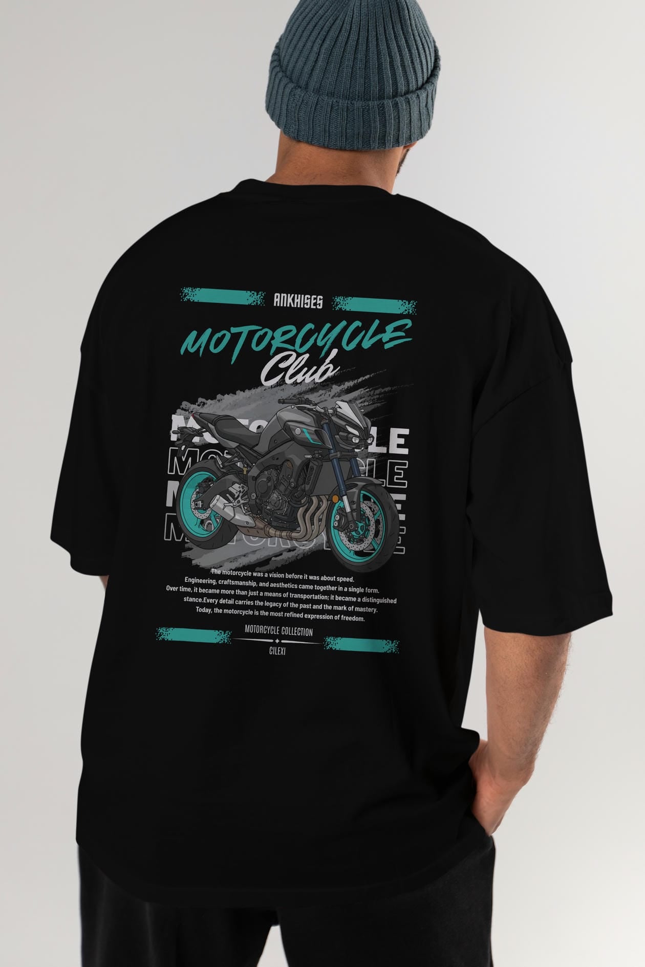 Motosiklet Serisi 21 Arka Baskılı Oversize t-shirt Erkek Kadın %100 Pamuk Bisiklet Yaka tişort