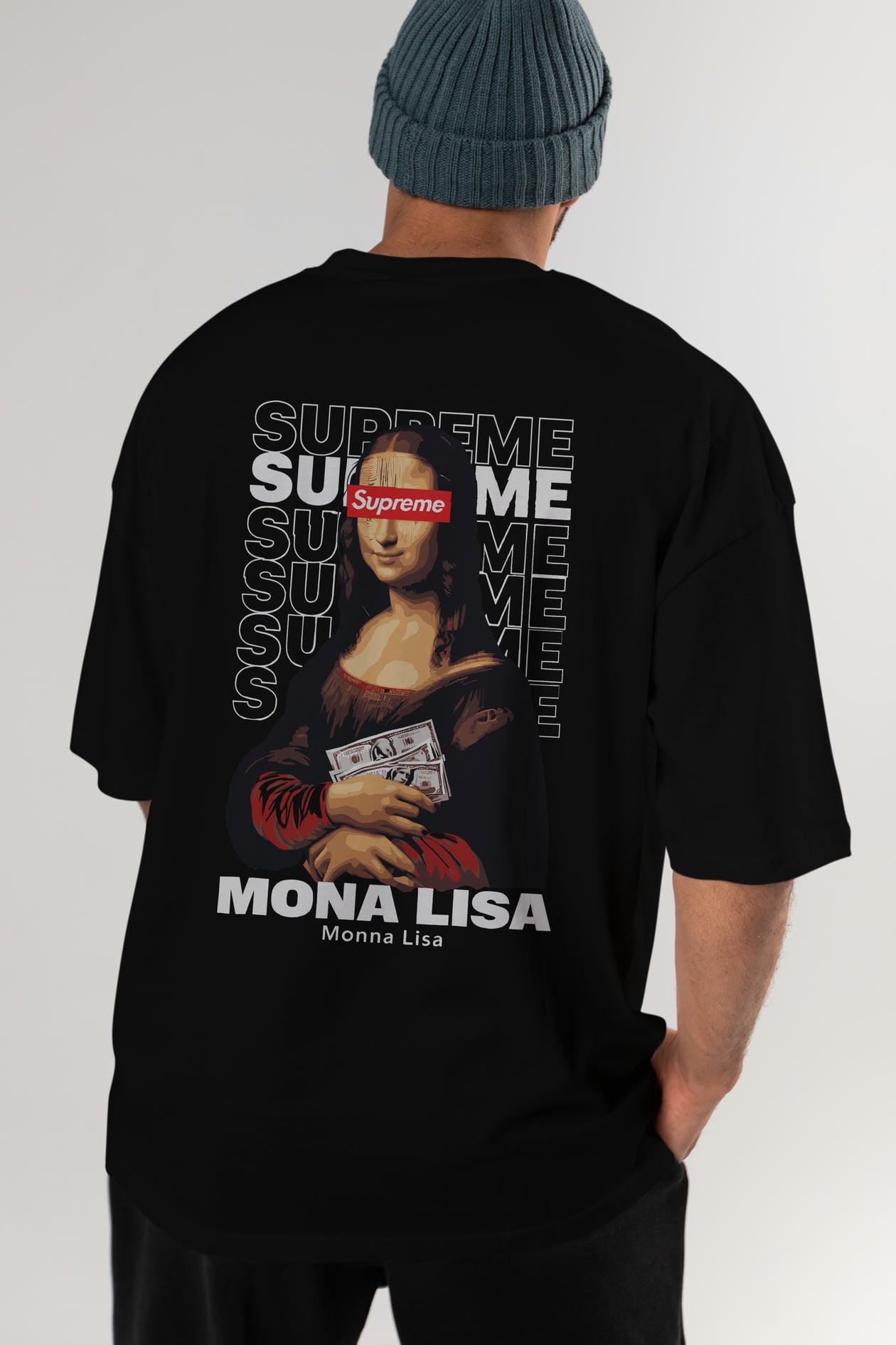 Mona Lisa Supreme Arka Baskılı Oversize t-shirt Erkek Kadın %100 Pamuk Bisiklet Yaka tişort