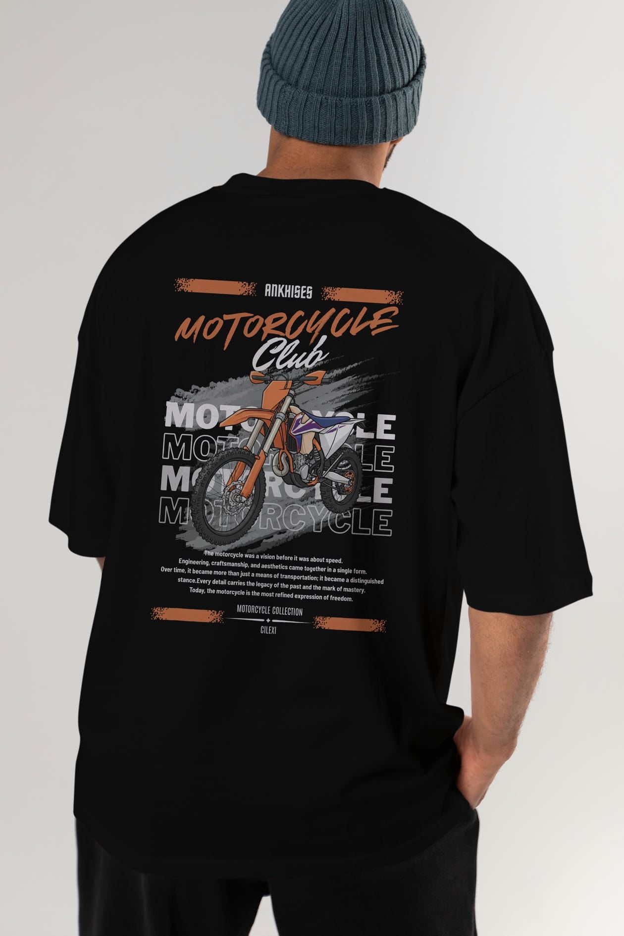 Motosiklet Serisi 19 Arka Baskılı Oversize t-shirt Erkek Kadın %100 Pamuk Bisiklet Yaka tişort