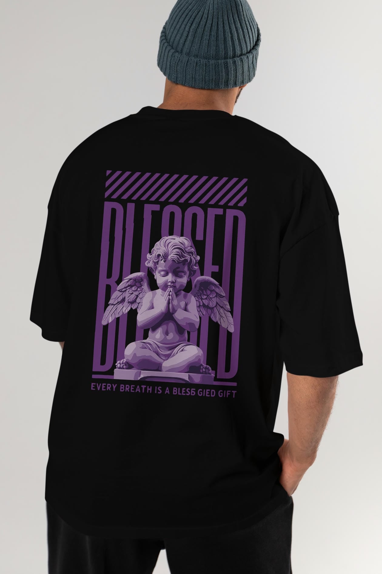 Blessed Arka Baskılı Oversize t-shirt Erkek Kadın %100 Pamuk Bisiklet Yaka tişort