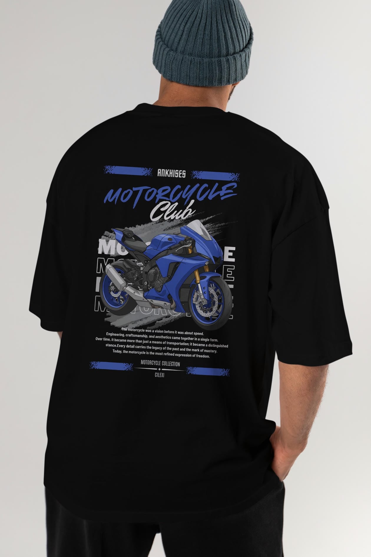 Motosiklet Serisi 31 Arka Baskılı Oversize t-shirt Erkek Kadın %100 Pamuk Bisiklet Yaka tişort