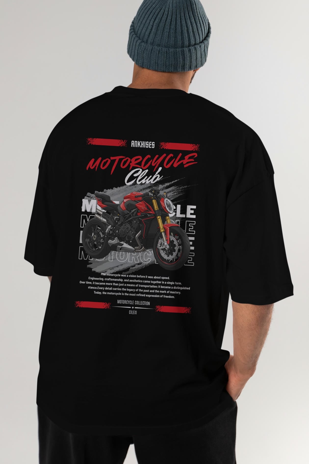 Motosiklet Serisi 26 Arka Baskılı Oversize t-shirt Erkek Kadın %100 Pamuk Bisiklet Yaka tişort