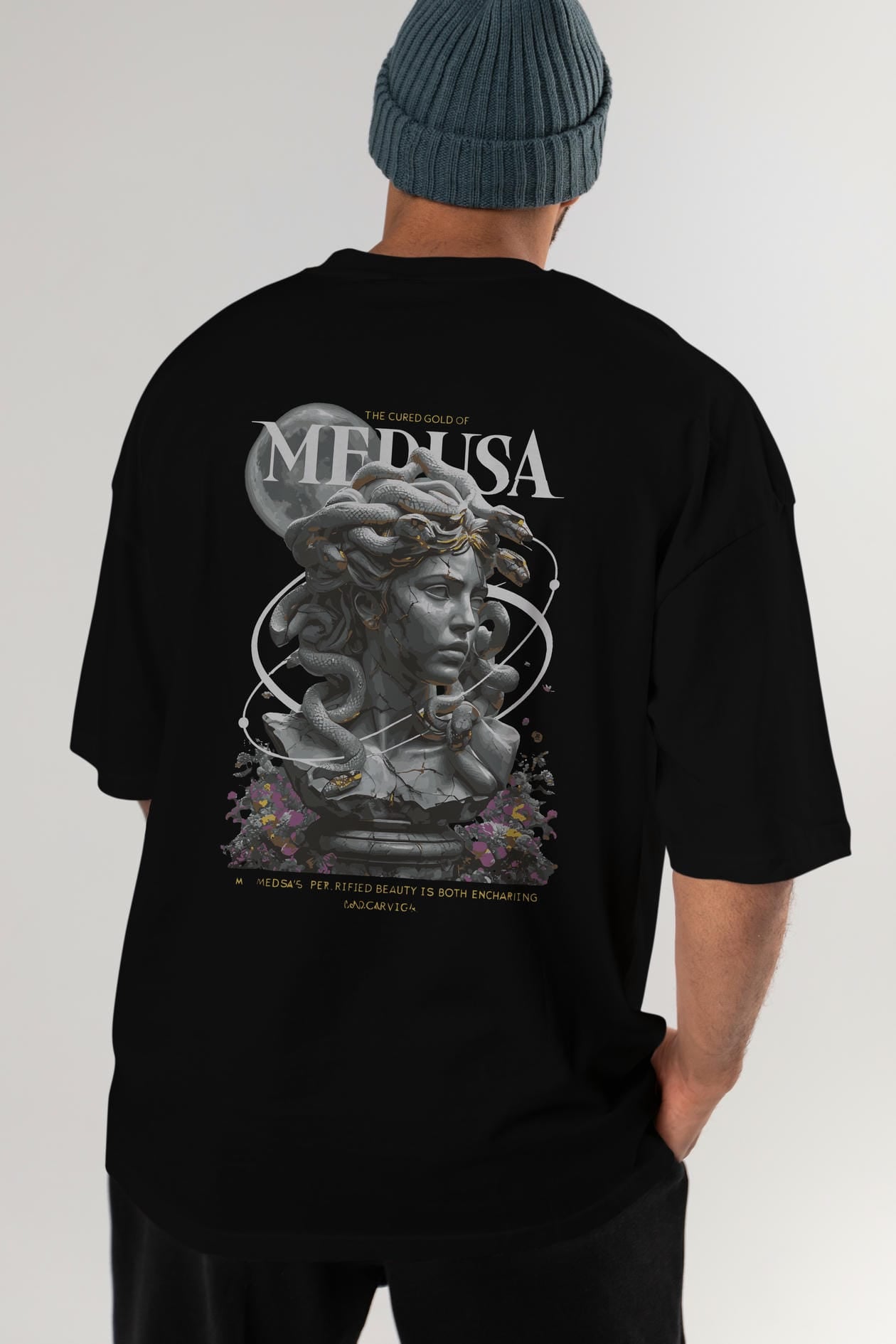 Medusa Arka Baskılı Oversize t-shirt Erkek Kadın %100 Pamuk Bisiklet Yaka tişort