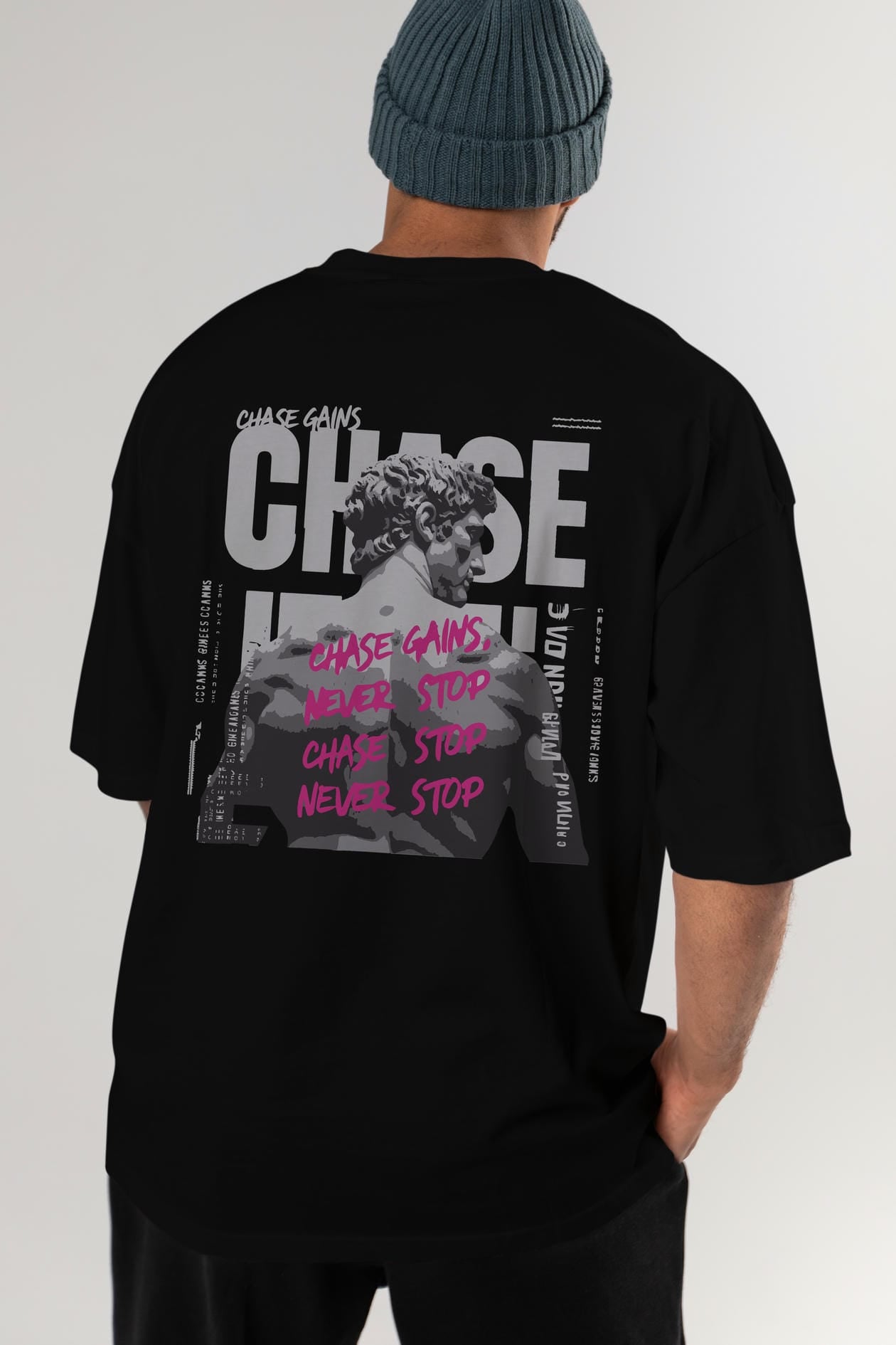 Chase Gains Arka Baskılı Oversize t-shirt Erkek Kadın %100 Pamuk Bisiklet Yaka tişort