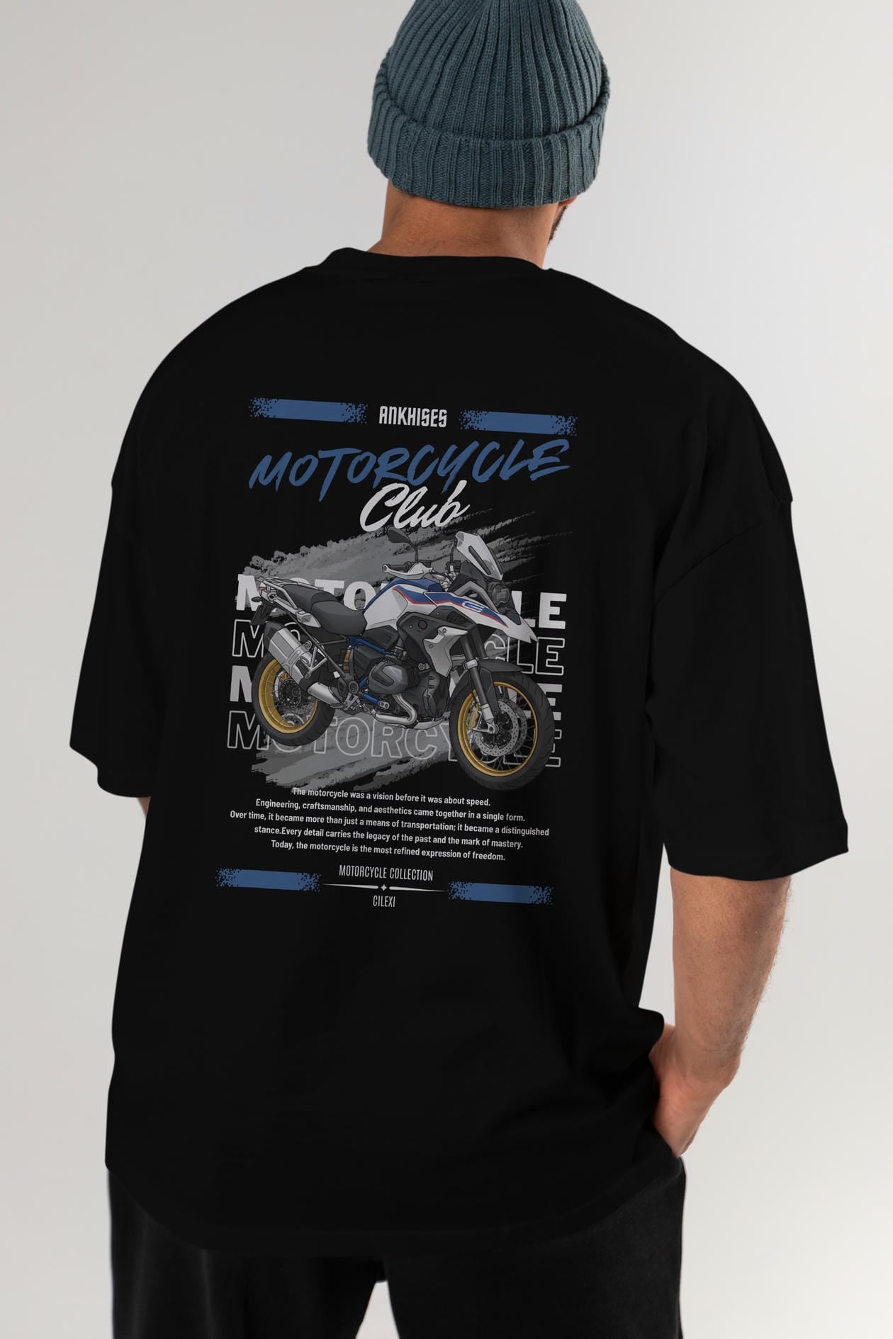 Motosiklet Serisi 27 Arka Baskılı Oversize t-shirt Erkek Kadın %100 Pamuk Bisiklet Yaka tişort
