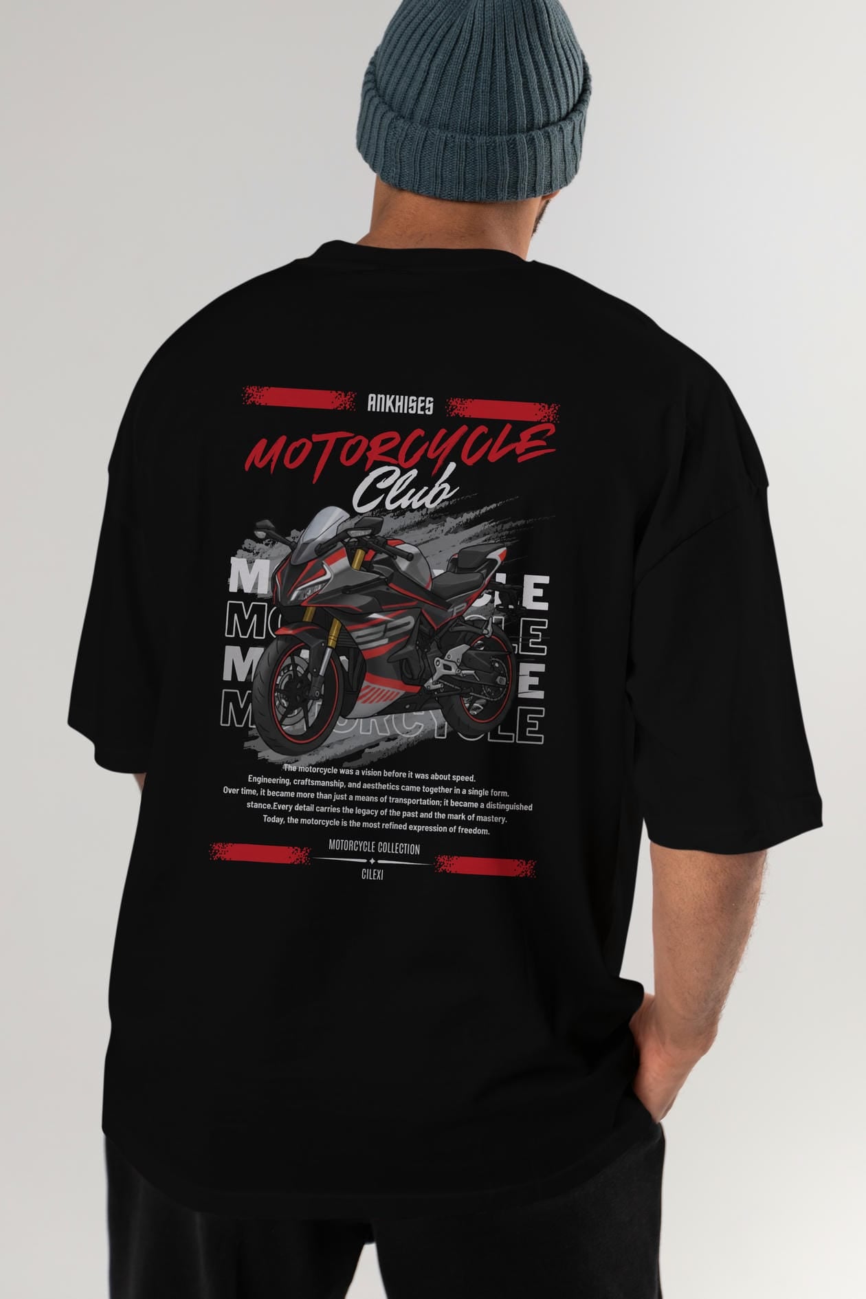 Motosiklet Serisi 17 Arka Baskılı Oversize t-shirt Erkek Kadın %100 Pamuk Bisiklet Yaka tişort