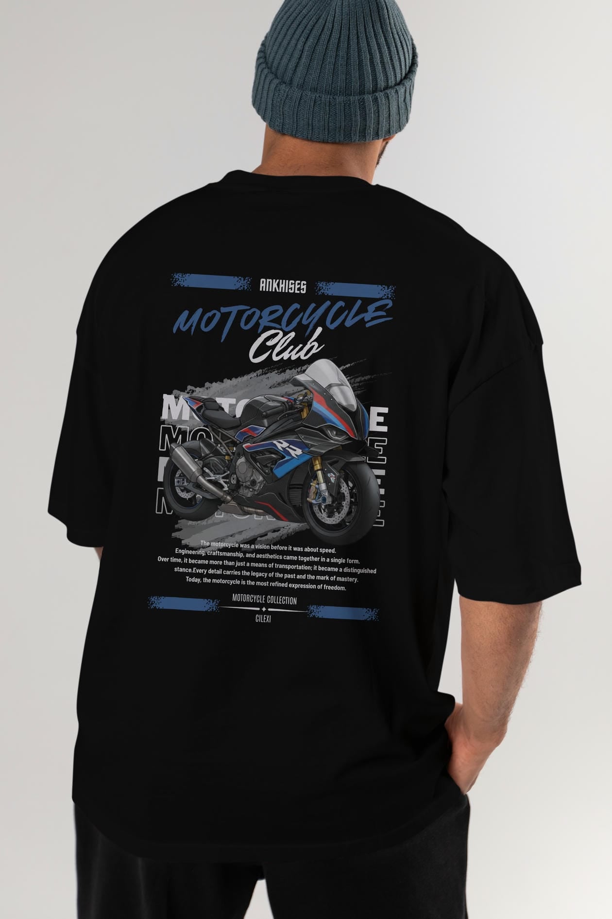 Motosiklet Serisi 1 Arka Baskılı Oversize t-shirt Erkek Kadın %100 Pamuk Bisiklet Yaka tişort