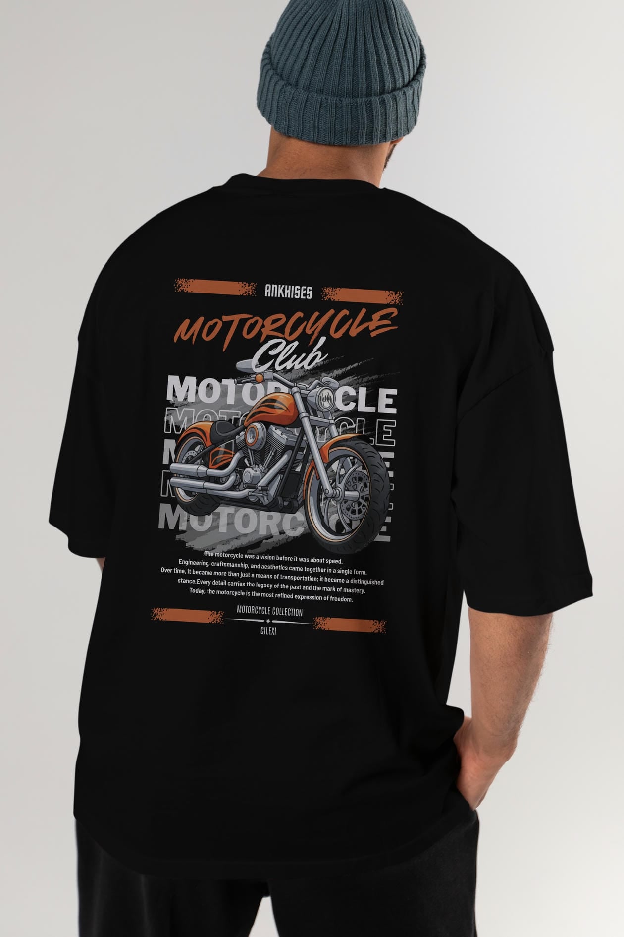 Motosiklet Serisi 34 Arka Baskılı Oversize t-shirt Erkek Kadın %100 Pamuk Bisiklet Yaka tişort