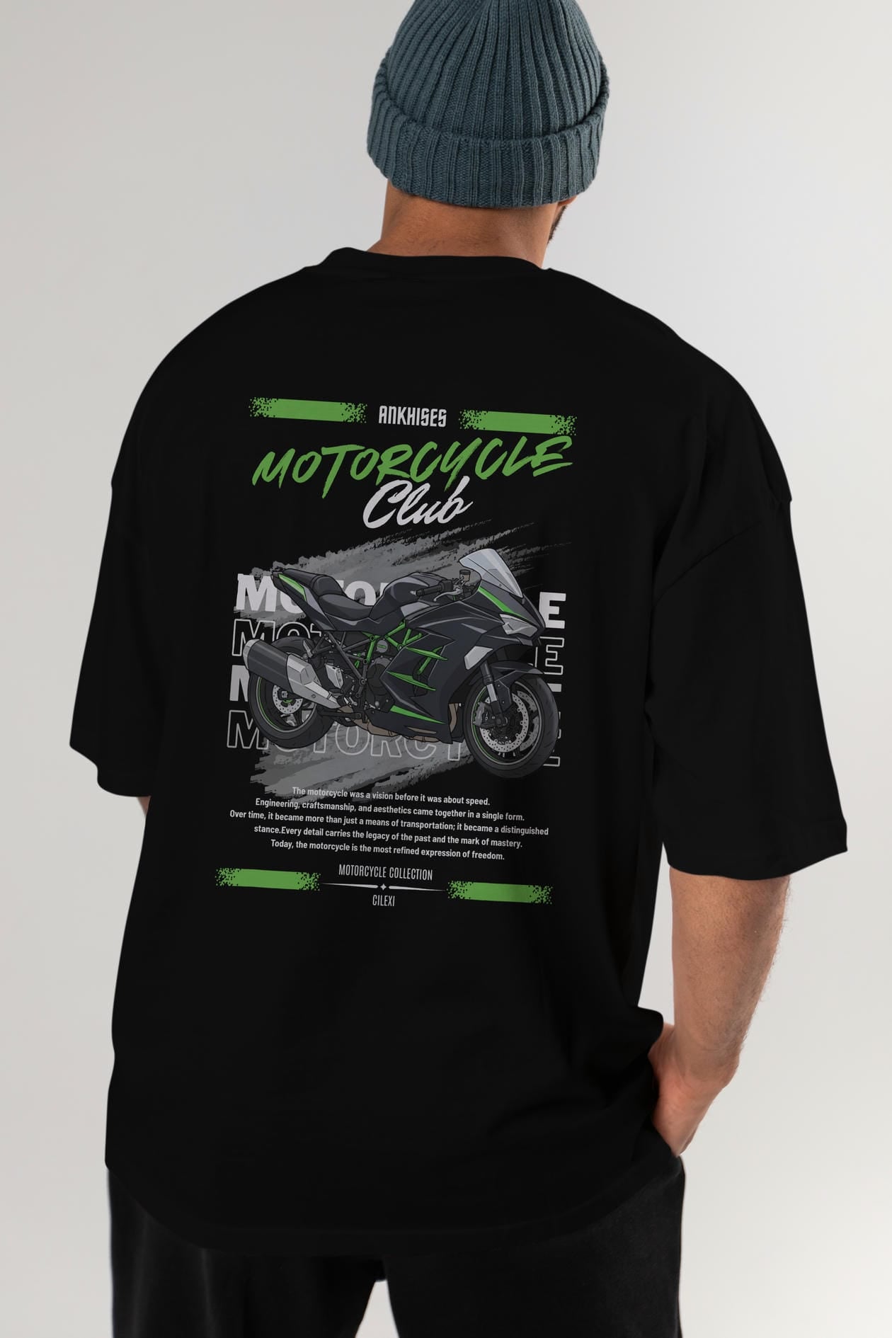 Motosiklet Serisi 13 Arka Baskılı Oversize t-shirt Erkek Kadın %100 Pamuk Bisiklet Yaka tişort