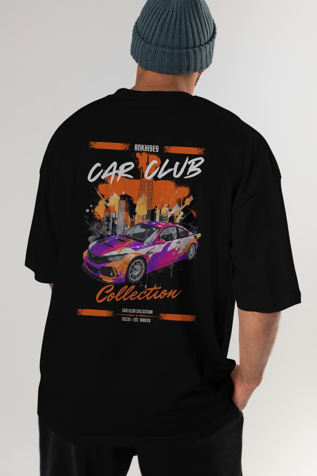 Araba Club Serisi 9 Baskılı Oversize t-shirt Erkek Kadın %100 Pamuk Bisiklet Yaka tişort