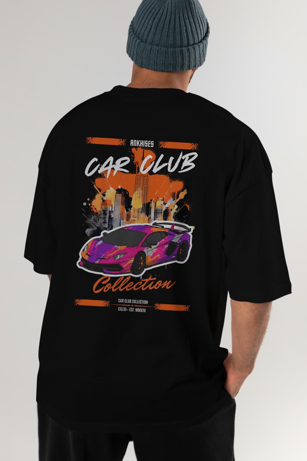 Araba Club Serisi 28 Baskılı Oversize t-shirt Erkek Kadın %100 Pamuk Bisiklet Yaka tişort