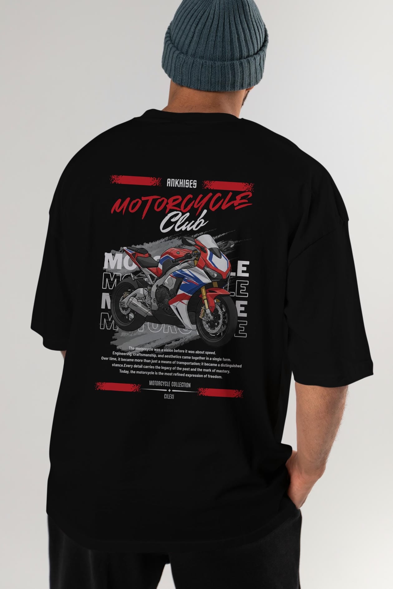 Motosiklet Serisi 4 Arka Baskılı Oversize t-shirt Erkek Kadın %100 Pamuk Bisiklet Yaka tişort