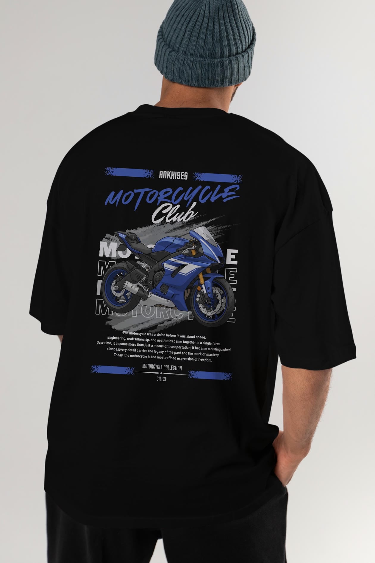 Motosiklet Serisi 32 Arka Baskılı Oversize t-shirt Erkek Kadın %100 Pamuk Bisiklet Yaka tişort