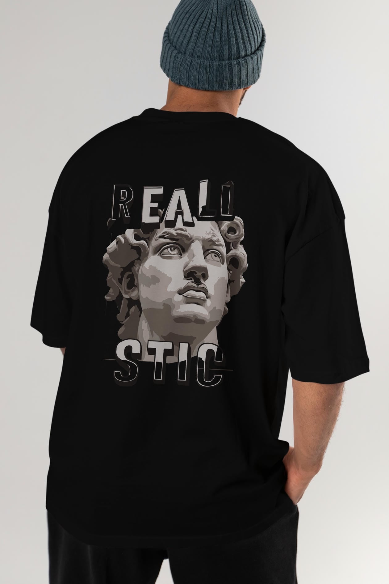 Realistic Arka Baskılı Oversize t-shirt Erkek Kadın %100 Pamuk Bisiklet Yaka tişort