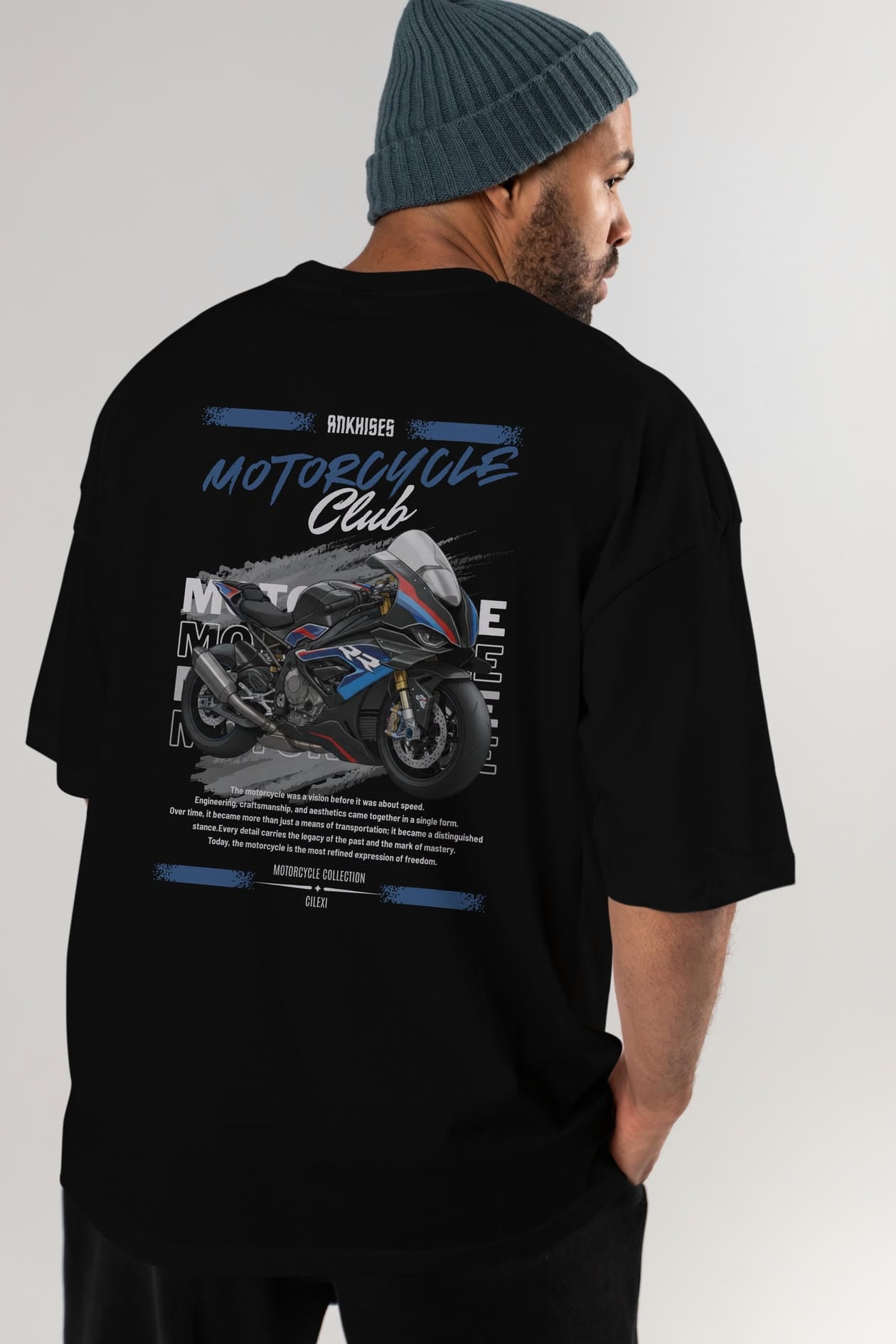 Motosiklet Serisi 1 Arka Baskılı Oversize t-shirt Erkek Kadın %100 Pamuk Bisiklet Yaka tişort