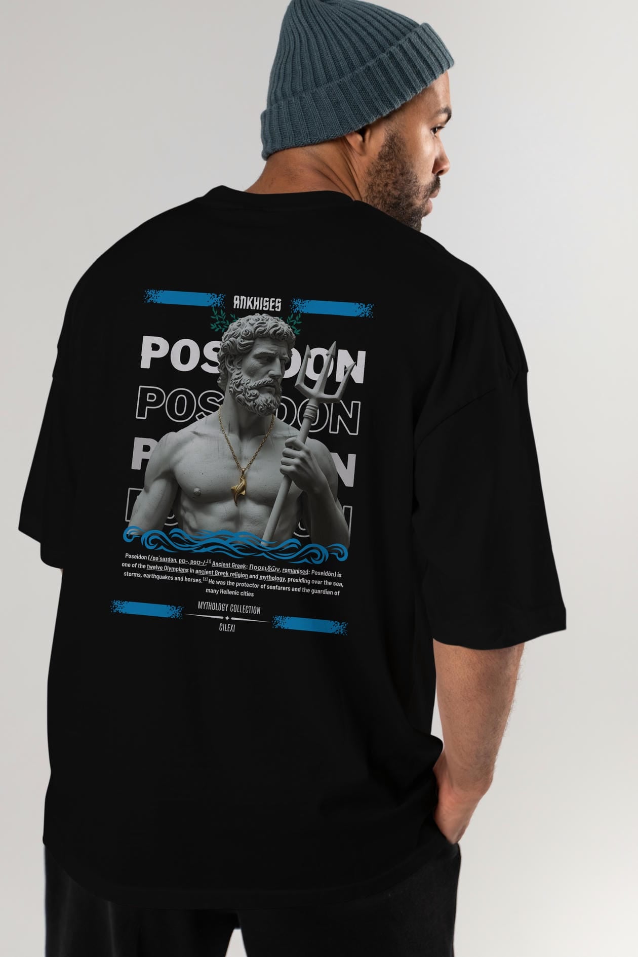 Poseidon 3 Arka Baskılı Oversize t-shirt Erkek Kadın %100 Pamuk Bisiklet Yaka tişort