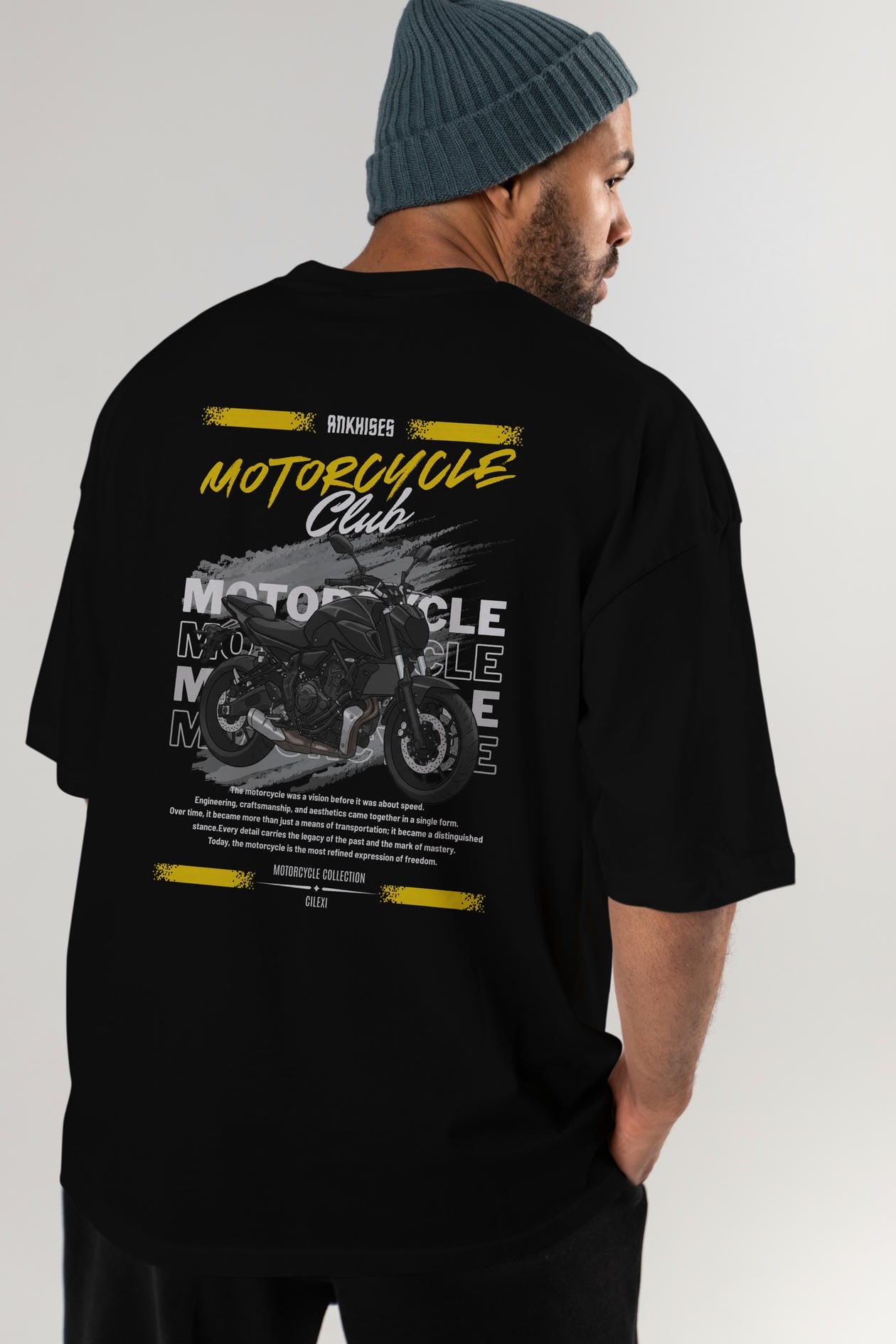 Motosiklet Serisi 20 Arka Baskılı Oversize t-shirt Erkek Kadın %100 Pamuk Bisiklet Yaka tişort