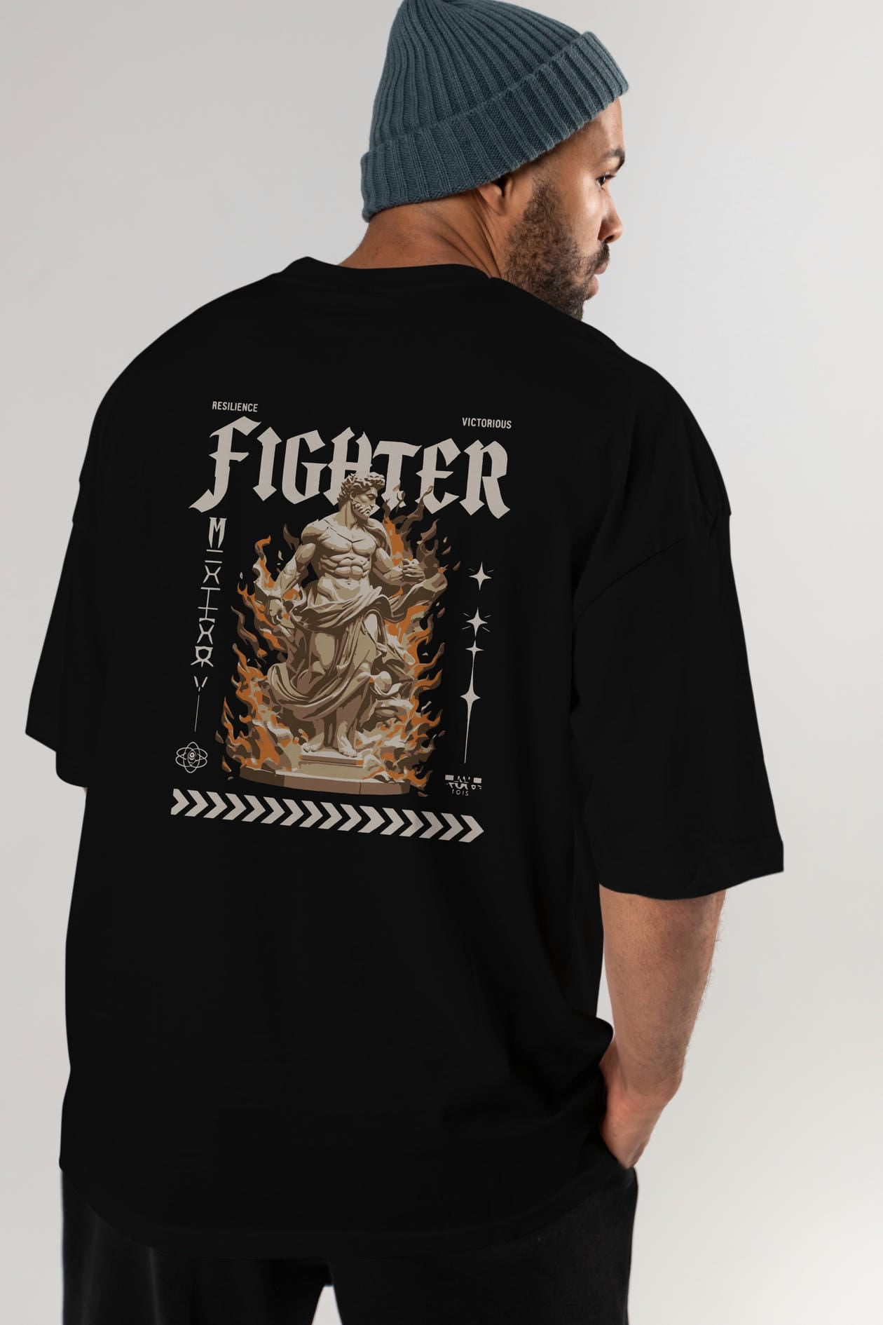 Fighter Arka Baskılı Oversize t-shirt Erkek Kadın %100 Pamuk Bisiklet Yaka tişort