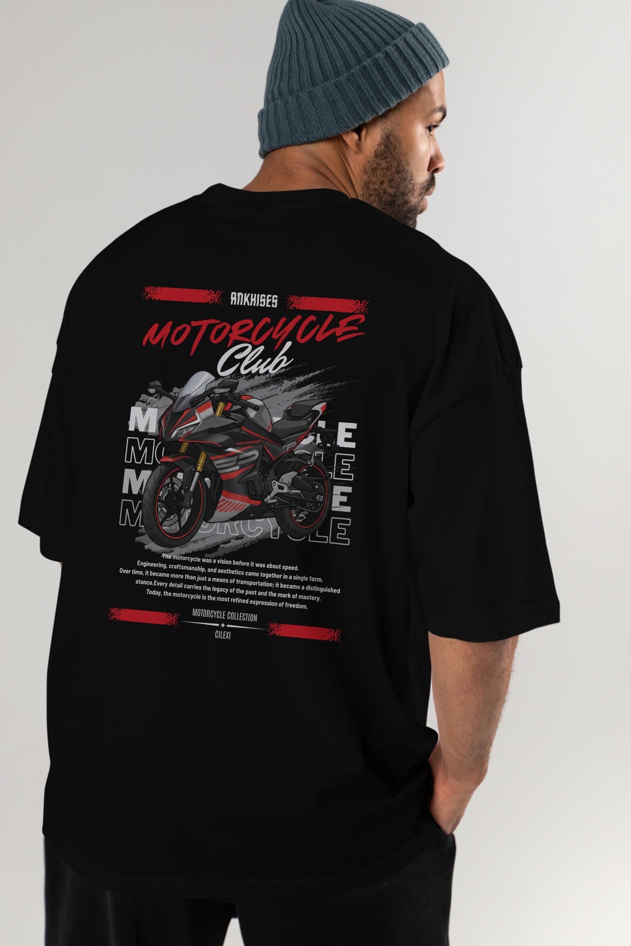 Motosiklet Serisi 17 Arka Baskılı Oversize t-shirt Erkek Kadın %100 Pamuk Bisiklet Yaka tişort