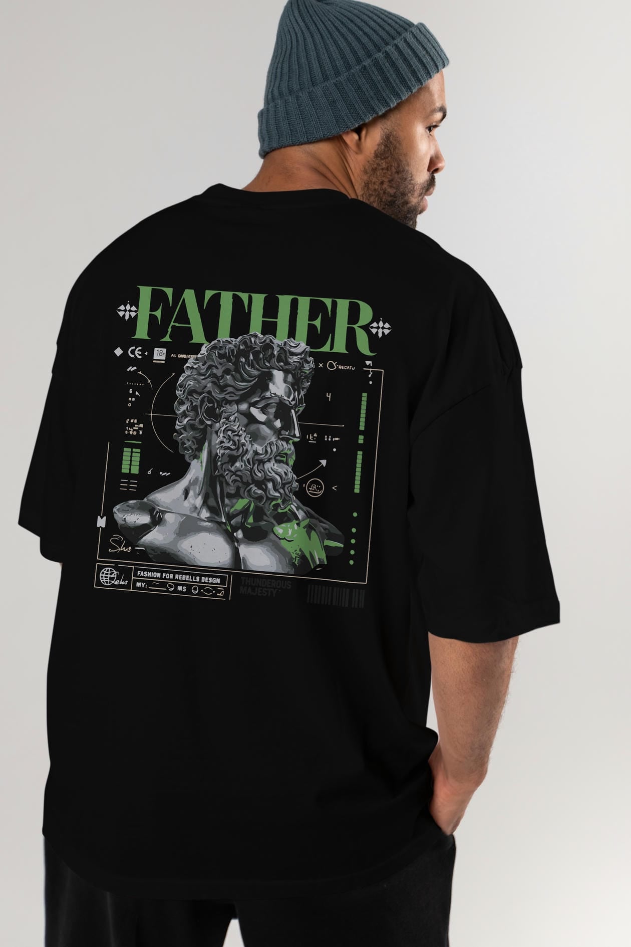 Father Zeus Arka Baskılı Oversize t-shirt Erkek Kadın %100 Pamuk Bisiklet Yaka tişort