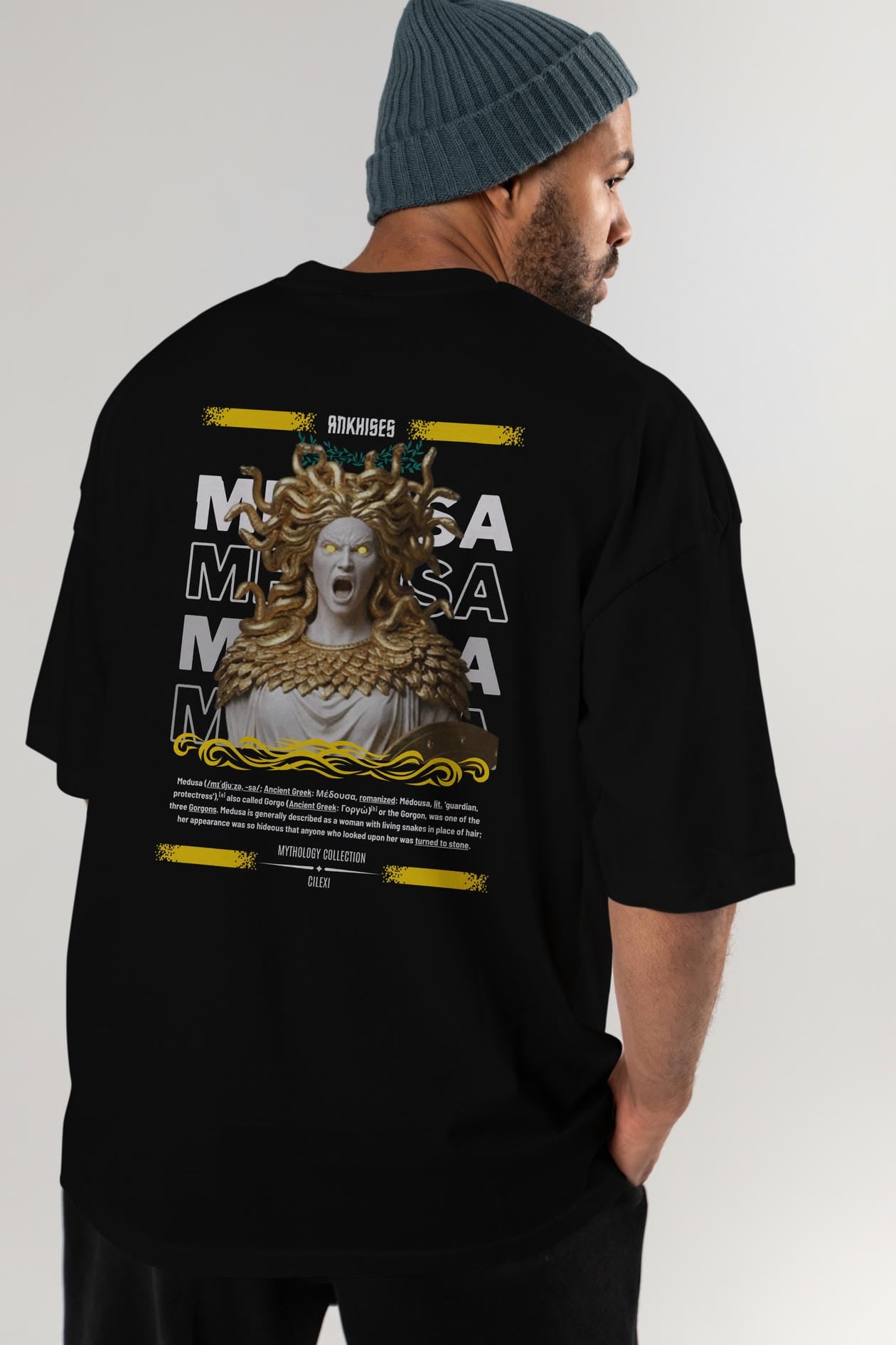 Medusa 1 Arka Baskılı Oversize t-shirt Erkek Kadın %100 Pamuk Bisiklet Yaka tişort