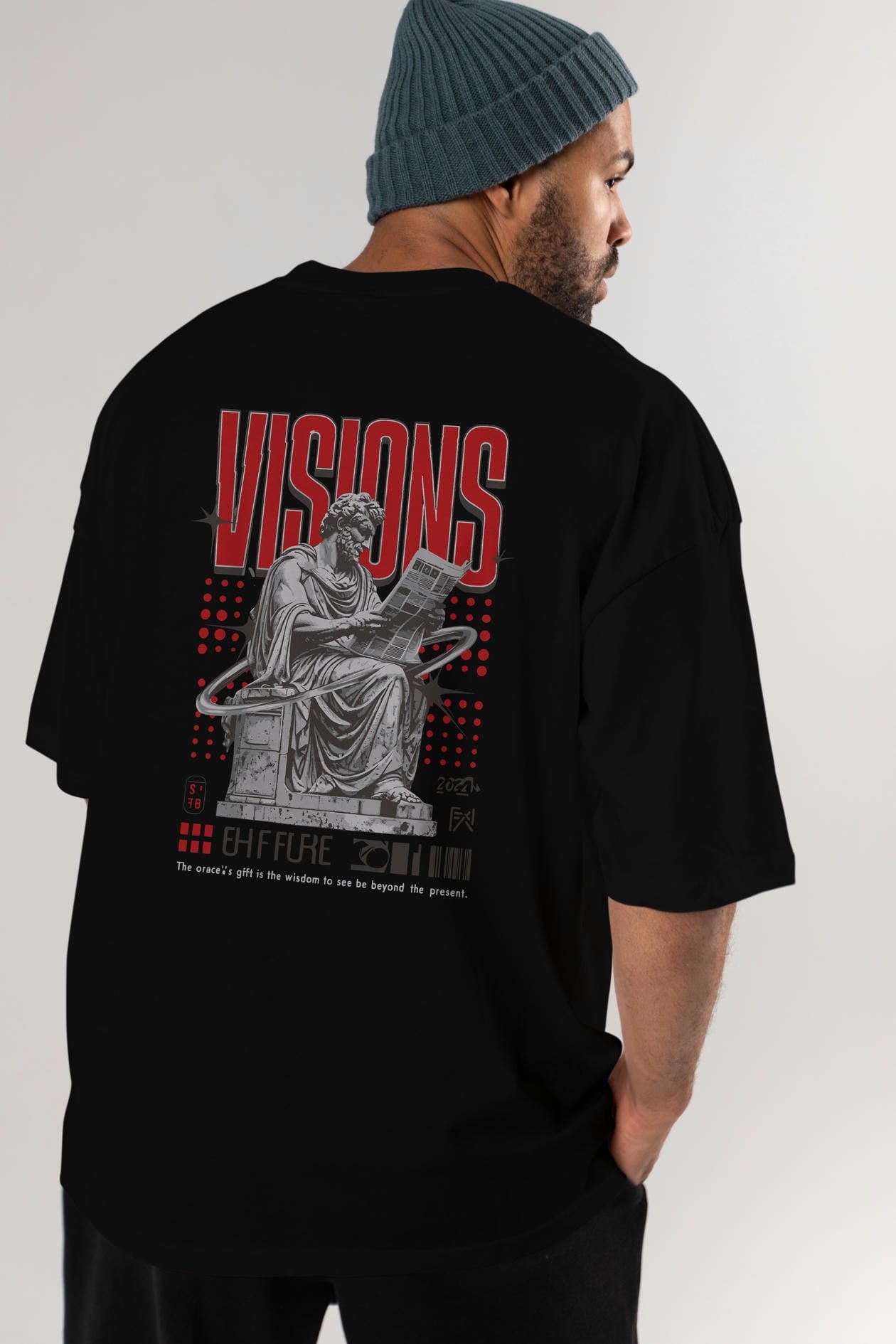 Visions Arka Baskılı Oversize t-shirt Erkek Kadın %100 Pamuk Bisiklet Yaka tişort