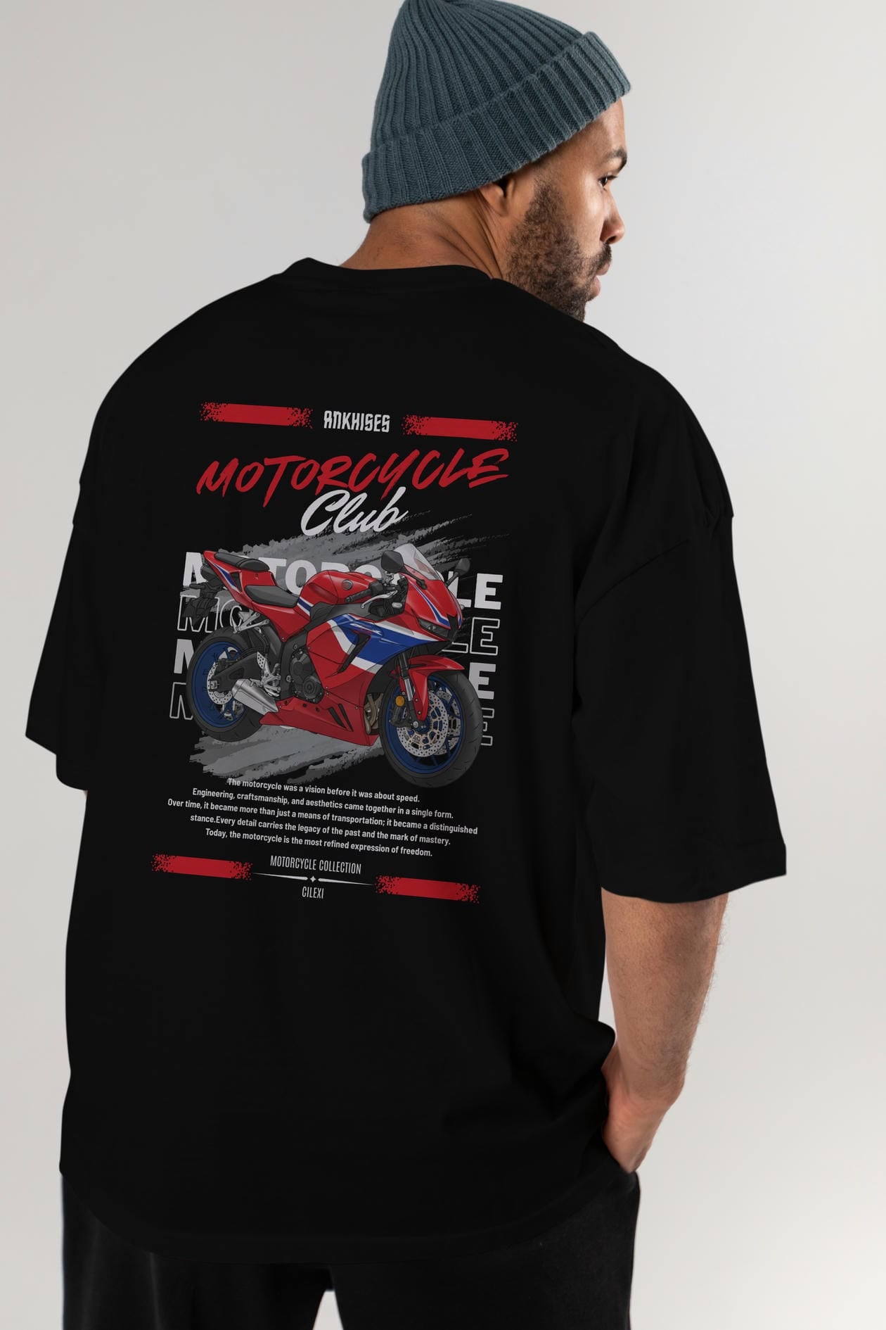 Motosiklet Serisi 24 Arka Baskılı Oversize t-shirt Erkek Kadın %100 Pamuk Bisiklet Yaka tişort