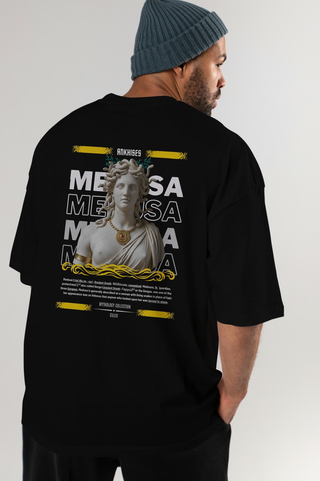 Medusa 3 Arka Baskılı Oversize t-shirt Erkek Kadın %100 Pamuk Bisiklet Yaka tişort