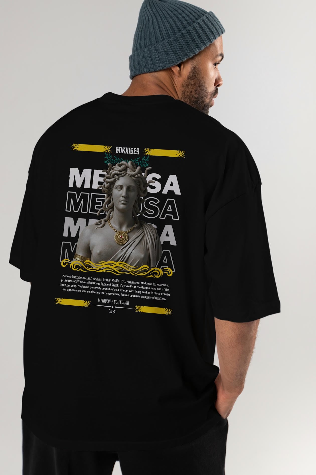 Medusa 4 Arka Baskılı Oversize t-shirt Erkek Kadın %100 Pamuk Bisiklet Yaka tişort