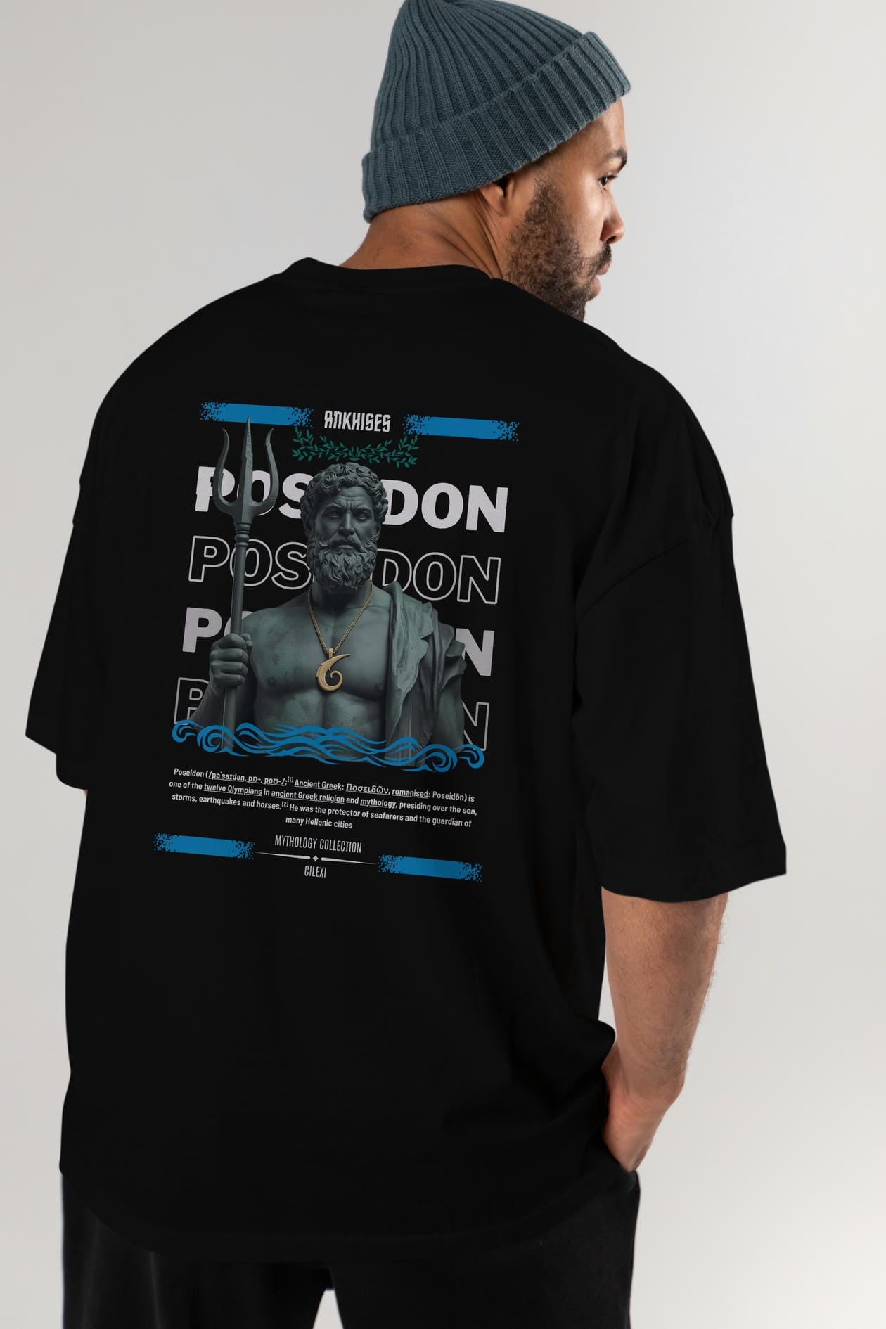 Poseidon 1 Arka Baskılı Oversize t-shirt Erkek Kadın %100 Pamuk Bisiklet Yaka tişort