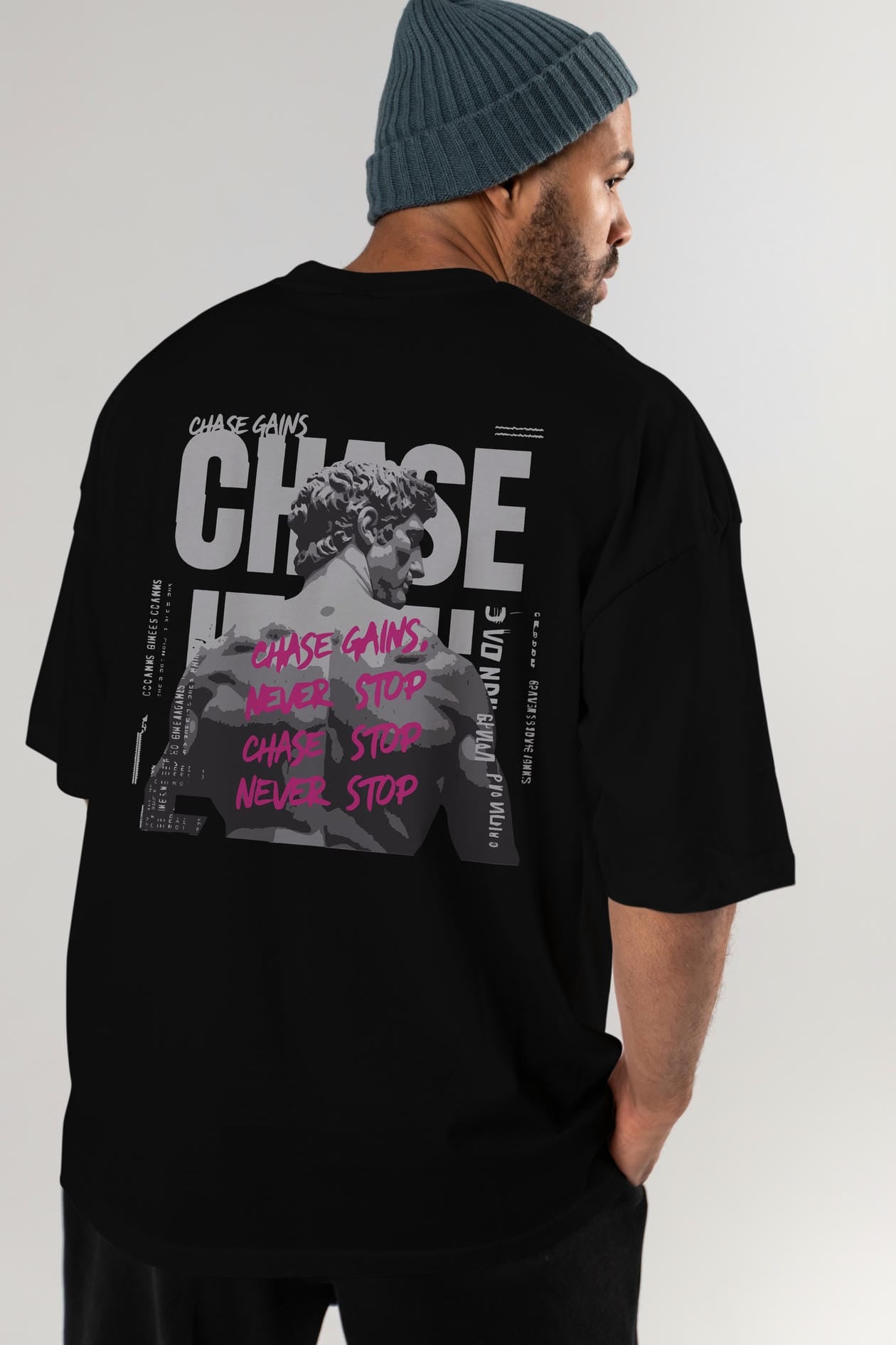 Chase Gains Arka Baskılı Oversize t-shirt Erkek Kadın %100 Pamuk Bisiklet Yaka tişort