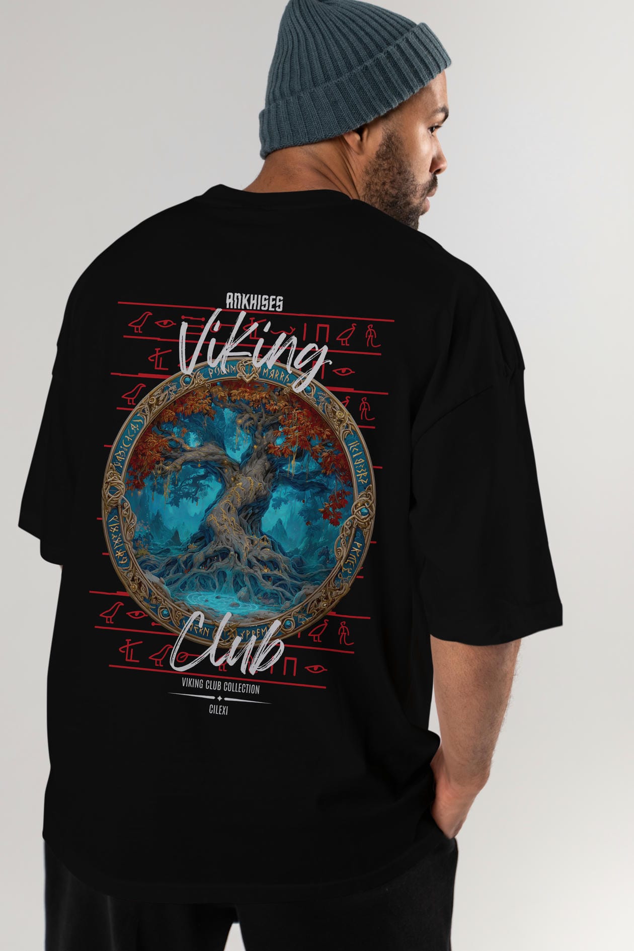 Yggdrasil Arka Baskılı Oversize t-shirt Erkek Kadın %100 Pamuk Bisiklet Yaka tişort