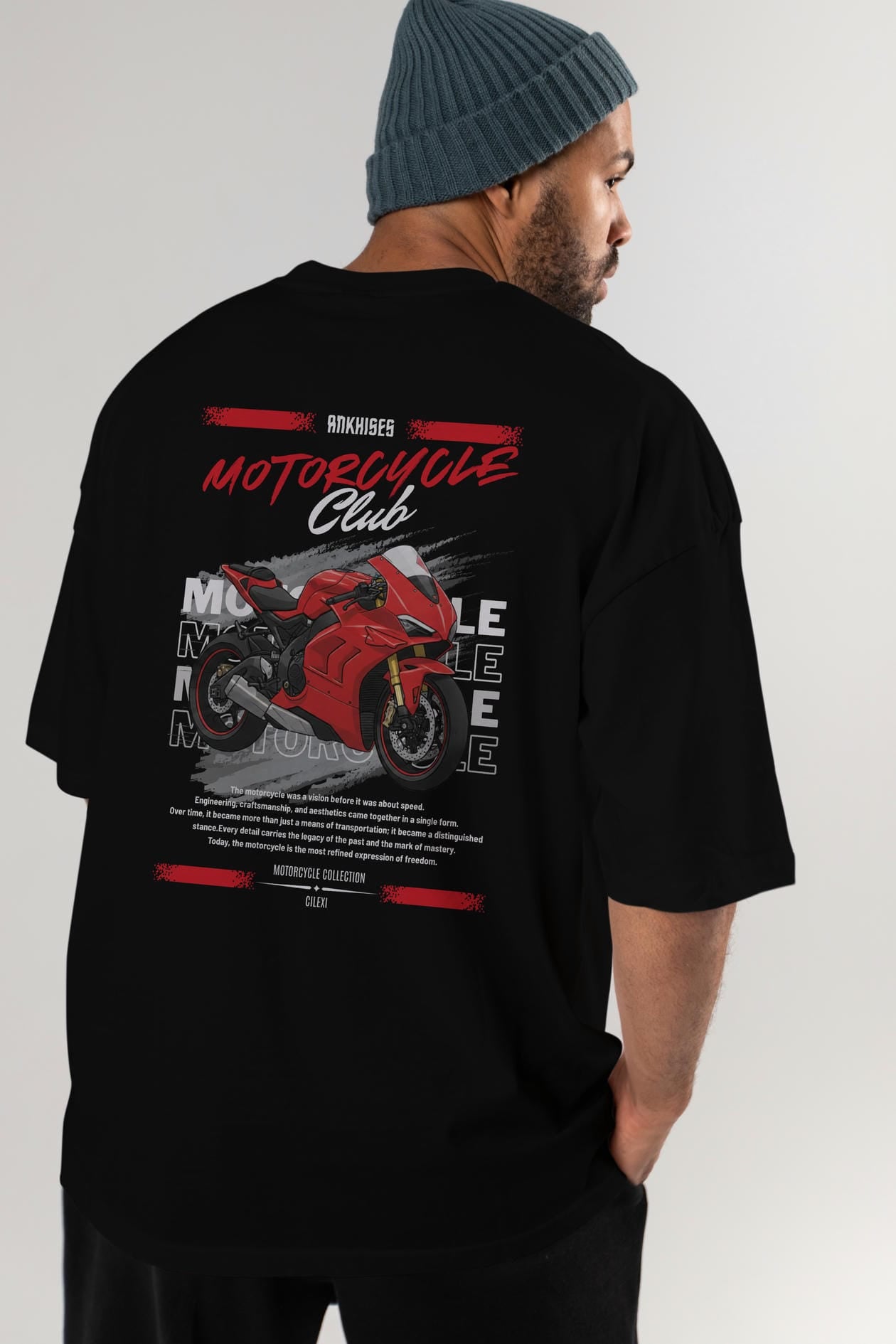 Motosiklet Serisi 7 Arka Baskılı Oversize t-shirt Erkek Kadın %100 Pamuk Bisiklet Yaka tişort