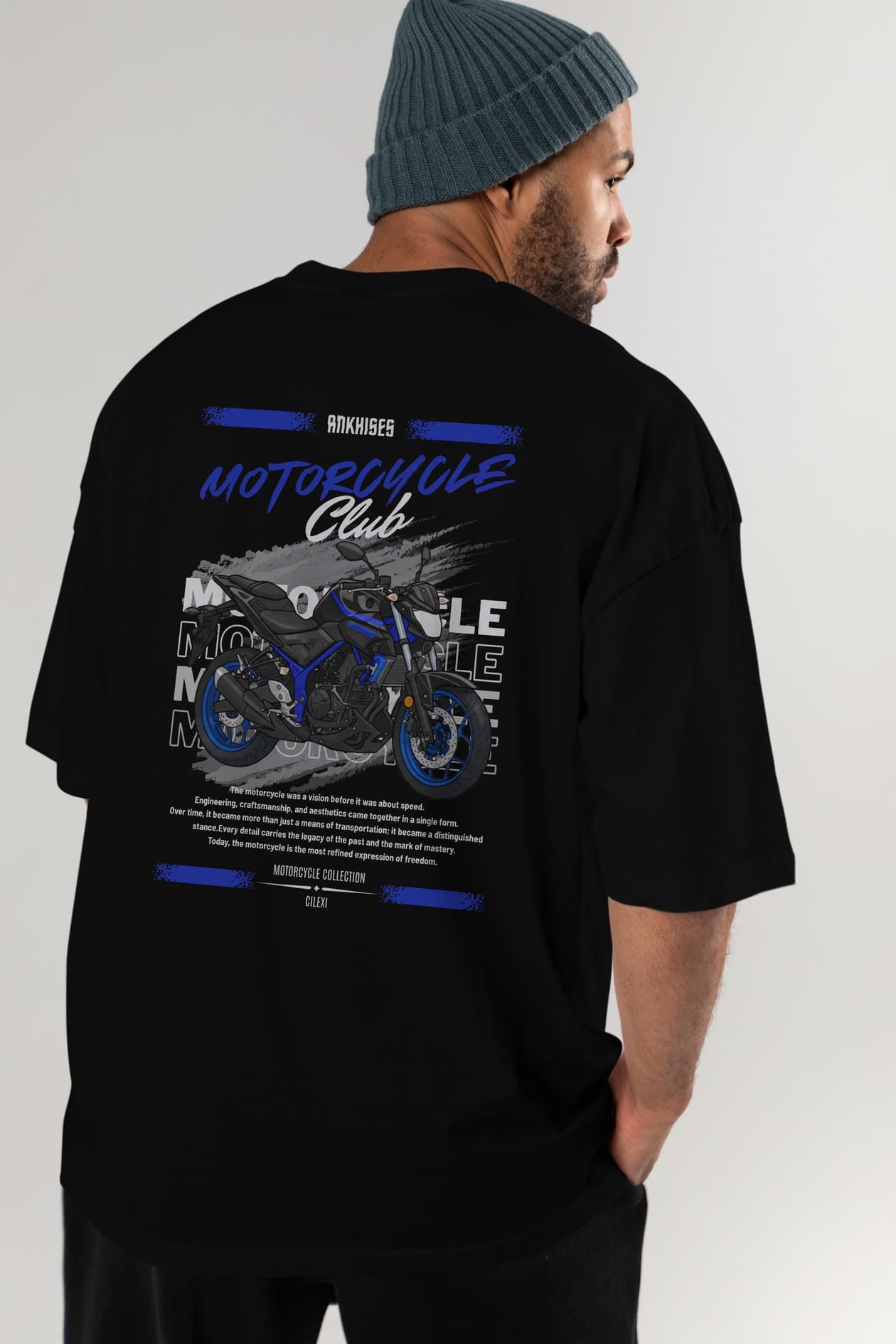 Motosiklet Serisi 22 Arka Baskılı Oversize t-shirt Erkek Kadın %100 Pamuk Bisiklet Yaka tişort