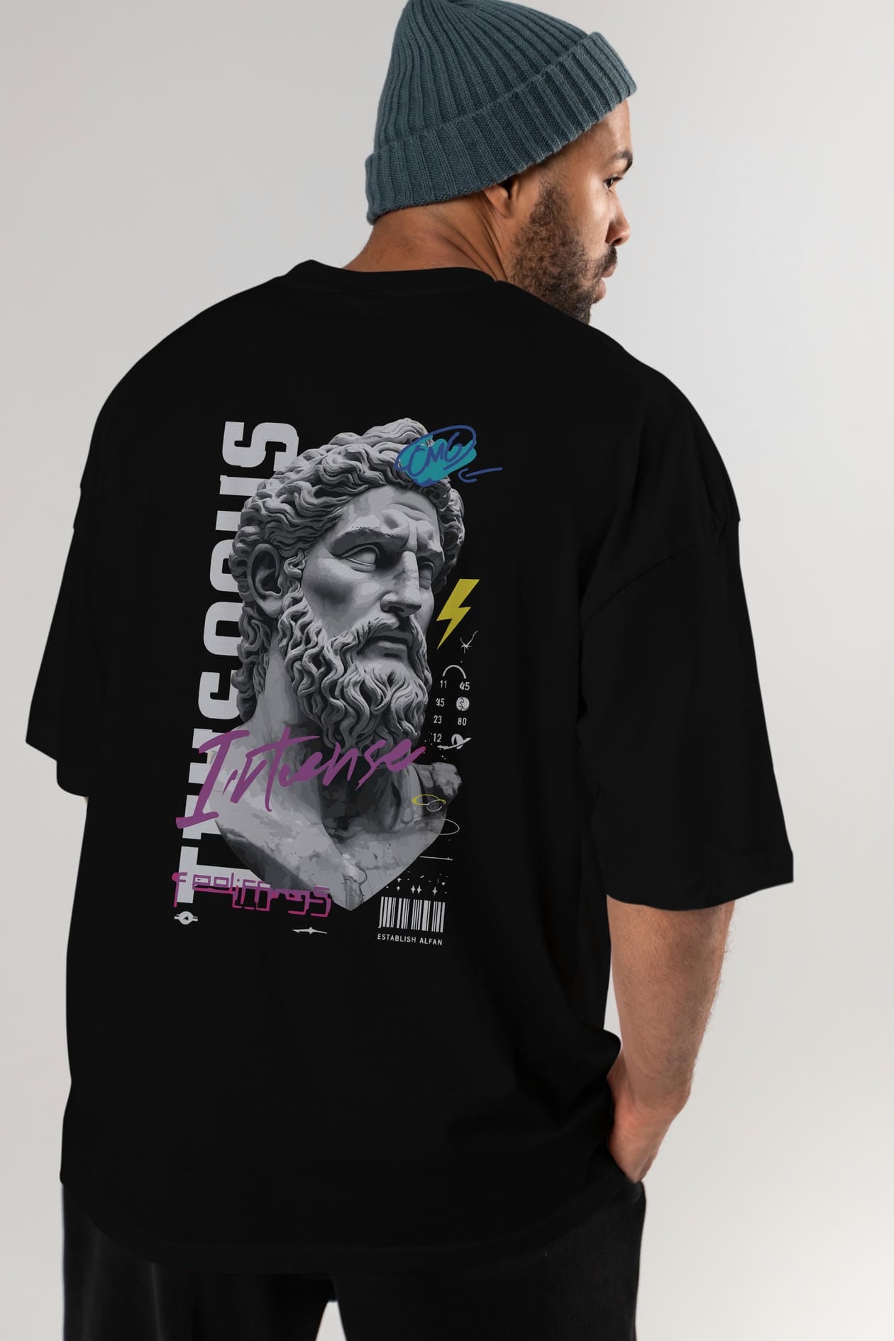Zeus Intense Arka Baskılı Oversize t-shirt Erkek Kadın %100 Pamuk Bisiklet Yaka tişort