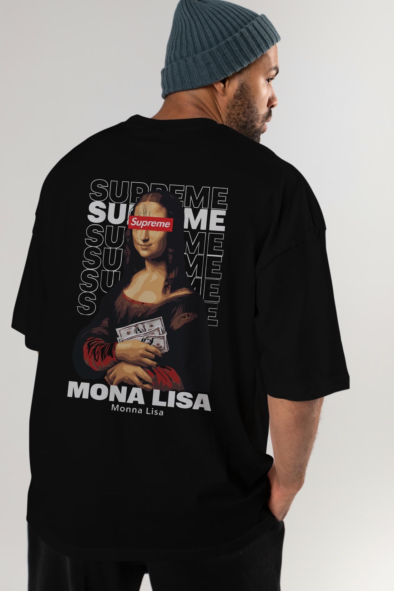 Mona Lisa Supreme Arka Baskılı Oversize t-shirt Erkek Kadın %100 Pamuk Bisiklet Yaka tişort