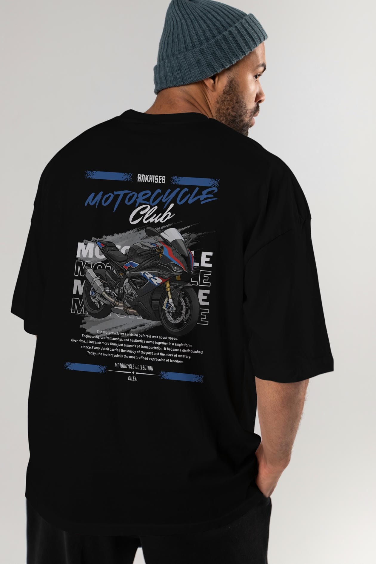 Motosiklet Serisi 2 Arka Baskılı Oversize t-shirt Erkek Kadın %100 Pamuk Bisiklet Yaka tişort