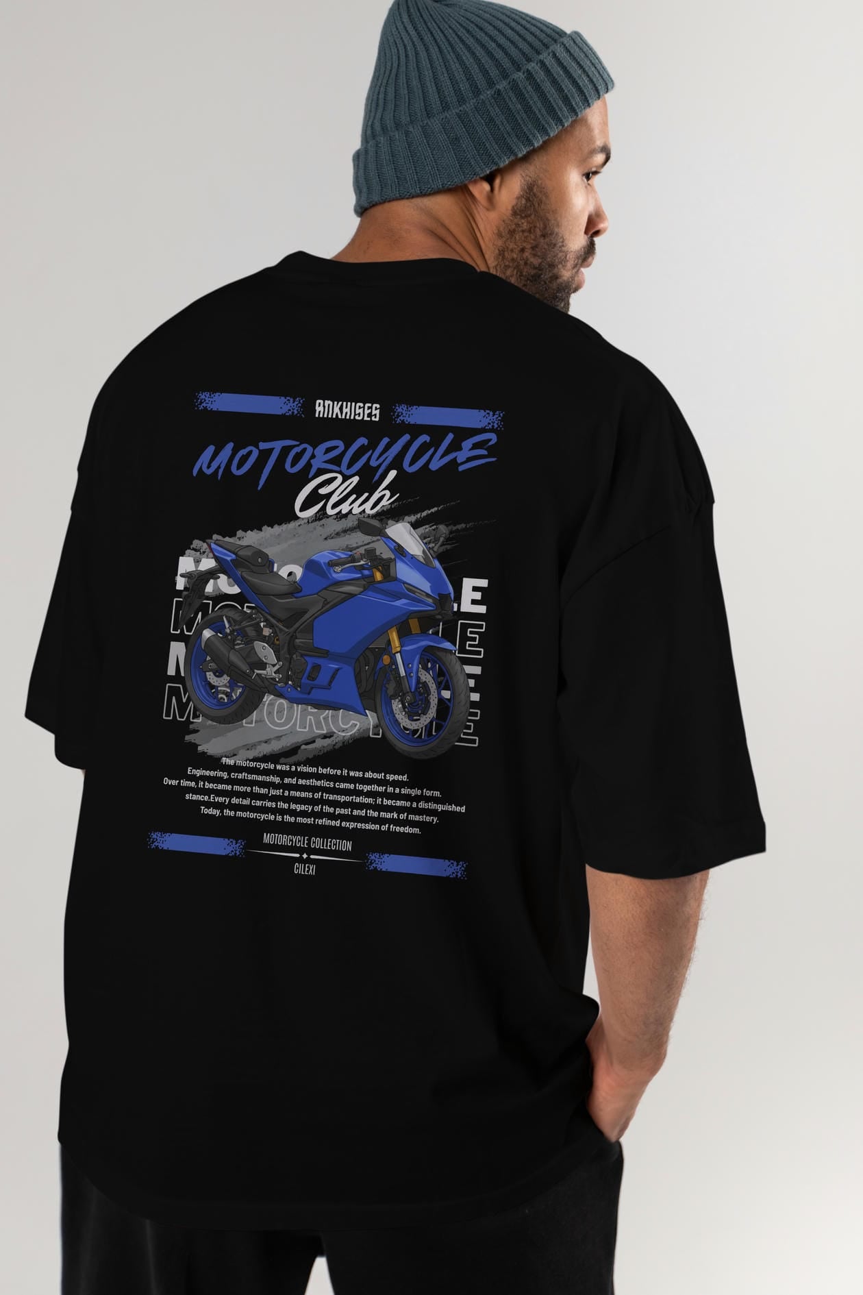 Motosiklet Serisi 33 Arka Baskılı Oversize t-shirt Erkek Kadın %100 Pamuk Bisiklet Yaka tişort