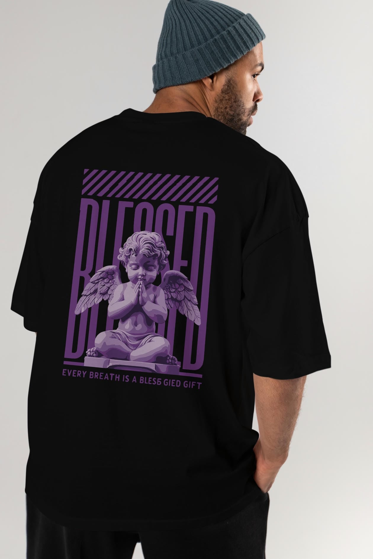 Blessed Arka Baskılı Oversize t-shirt Erkek Kadın %100 Pamuk Bisiklet Yaka tişort