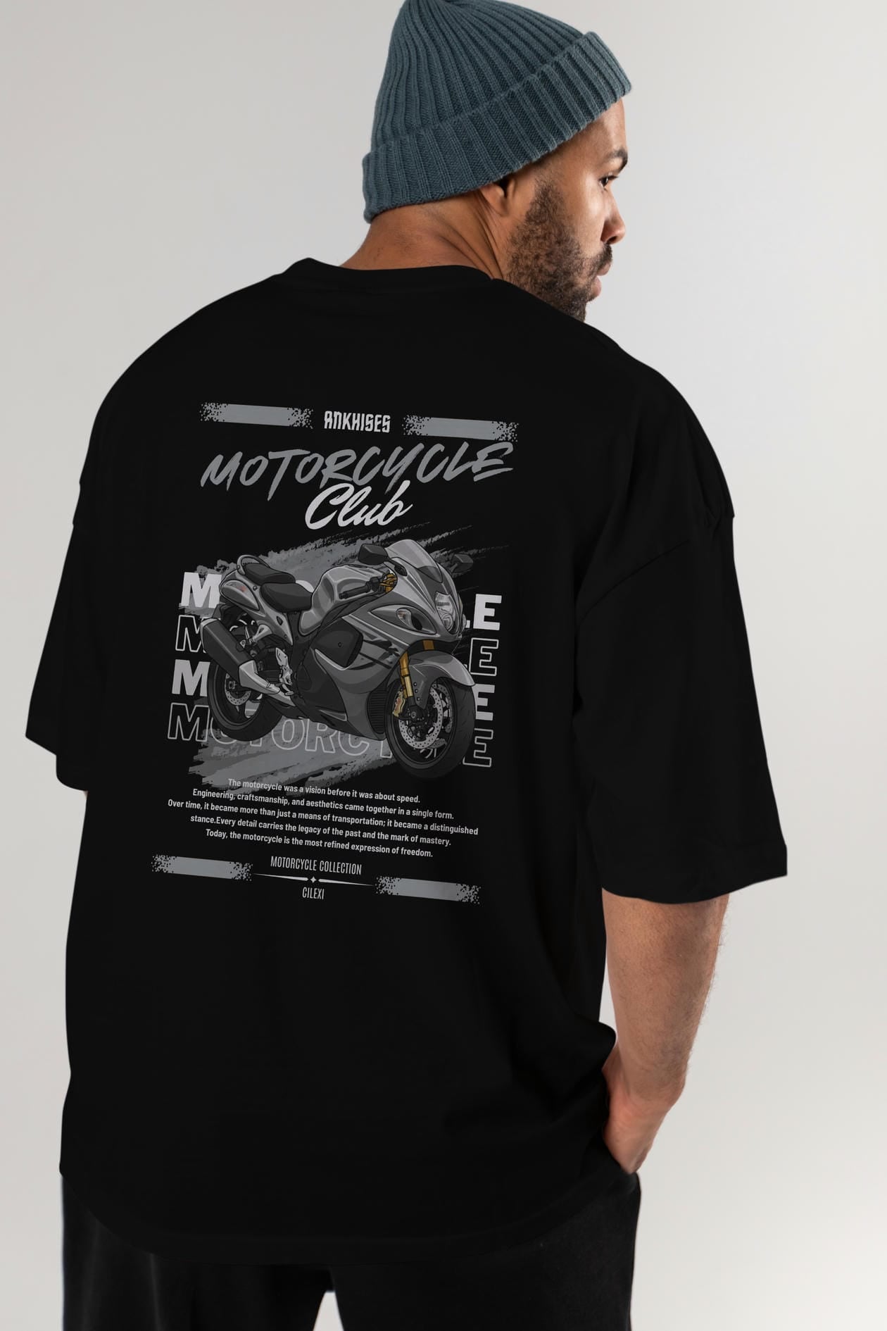 Motosiklet Serisi 9 Arka Baskılı Oversize t-shirt Erkek Kadın %100 Pamuk Bisiklet Yaka tişort
