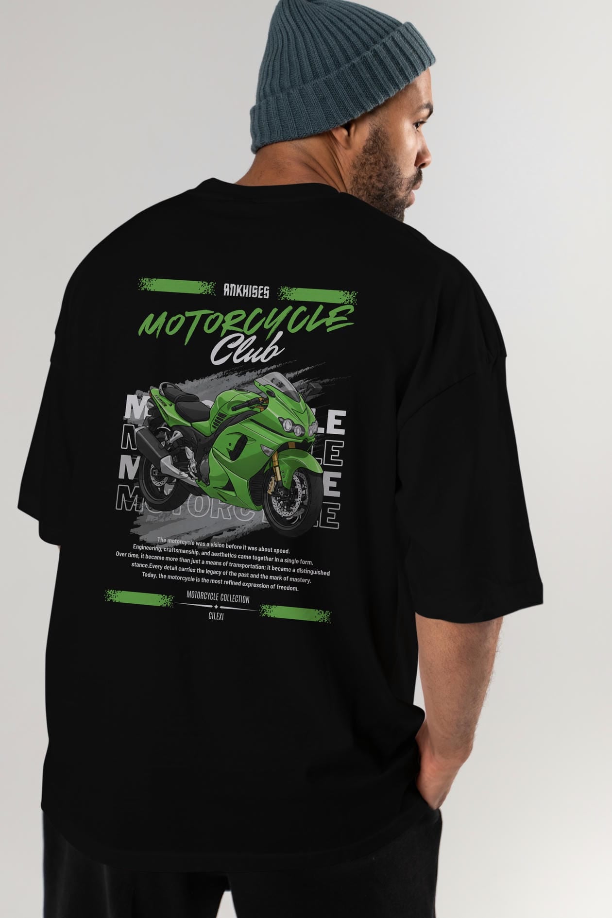 Motosiklet Serisi 12 Arka Baskılı Oversize t-shirt Erkek Kadın %100 Pamuk Bisiklet Yaka tişort