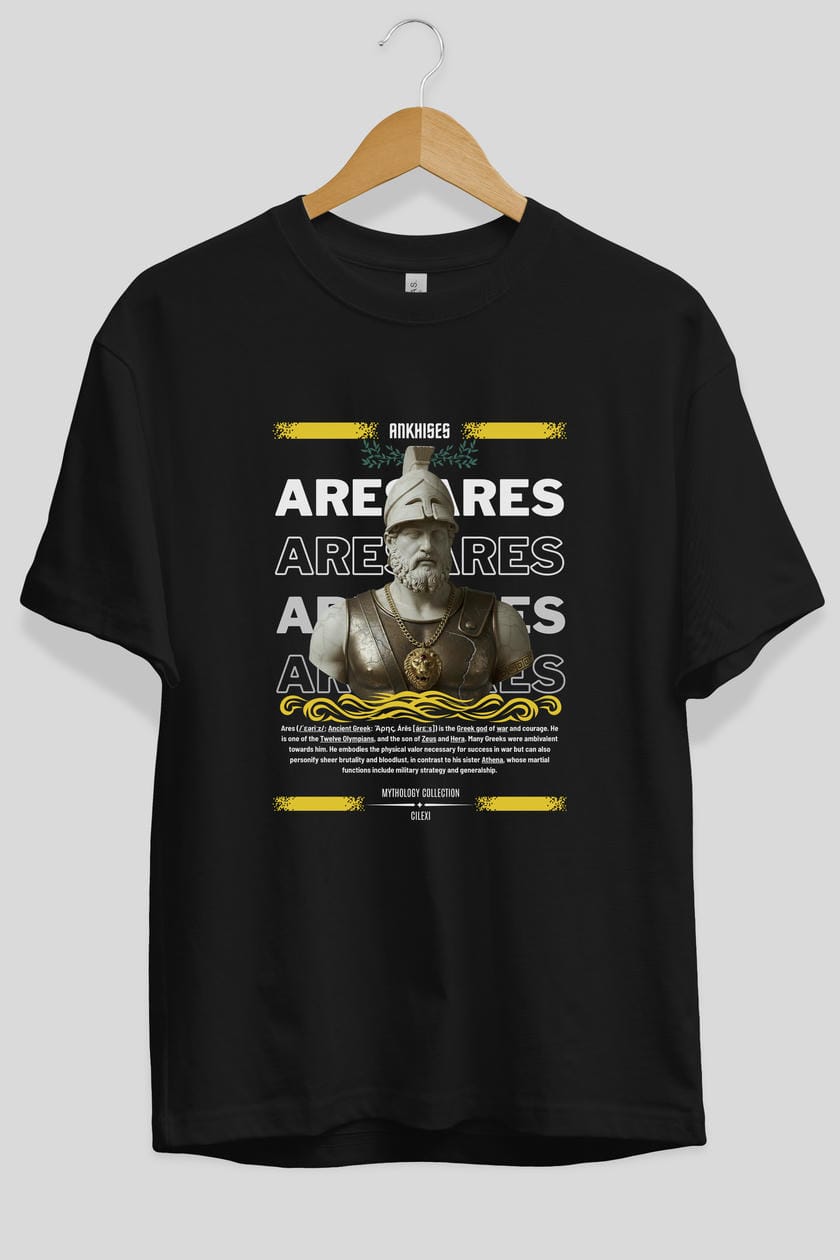 Ares 2 ön Baskılı Oversize t-shirt Erkek Kadın %100 Pamuk Bisiklet Yaka tişort