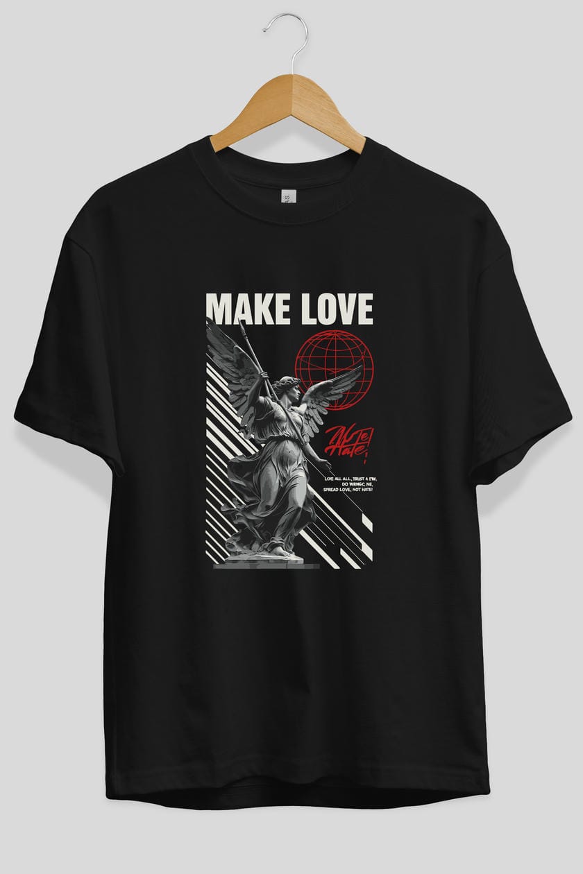 Make Love ön Baskılı Oversize t-shirt Erkek Kadın %100 Pamuk Bisiklet Yaka tişort
