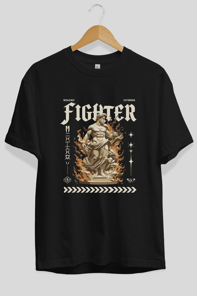 Fighter ön Baskılı Oversize t-shirt Erkek Kadın %100 Pamuk Bisiklet Yaka tişort